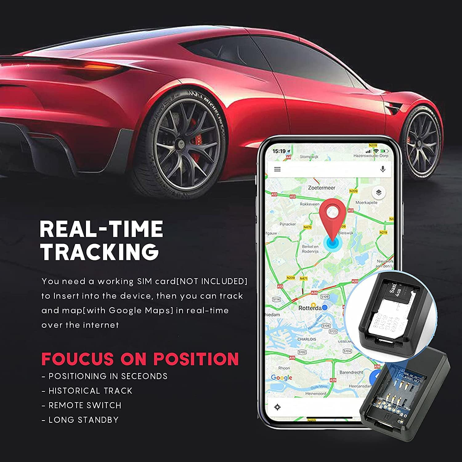 Rotes Auto mit Echtzeit-Tracking-Info und SIM-Karte in einem GPS-Gerät.
