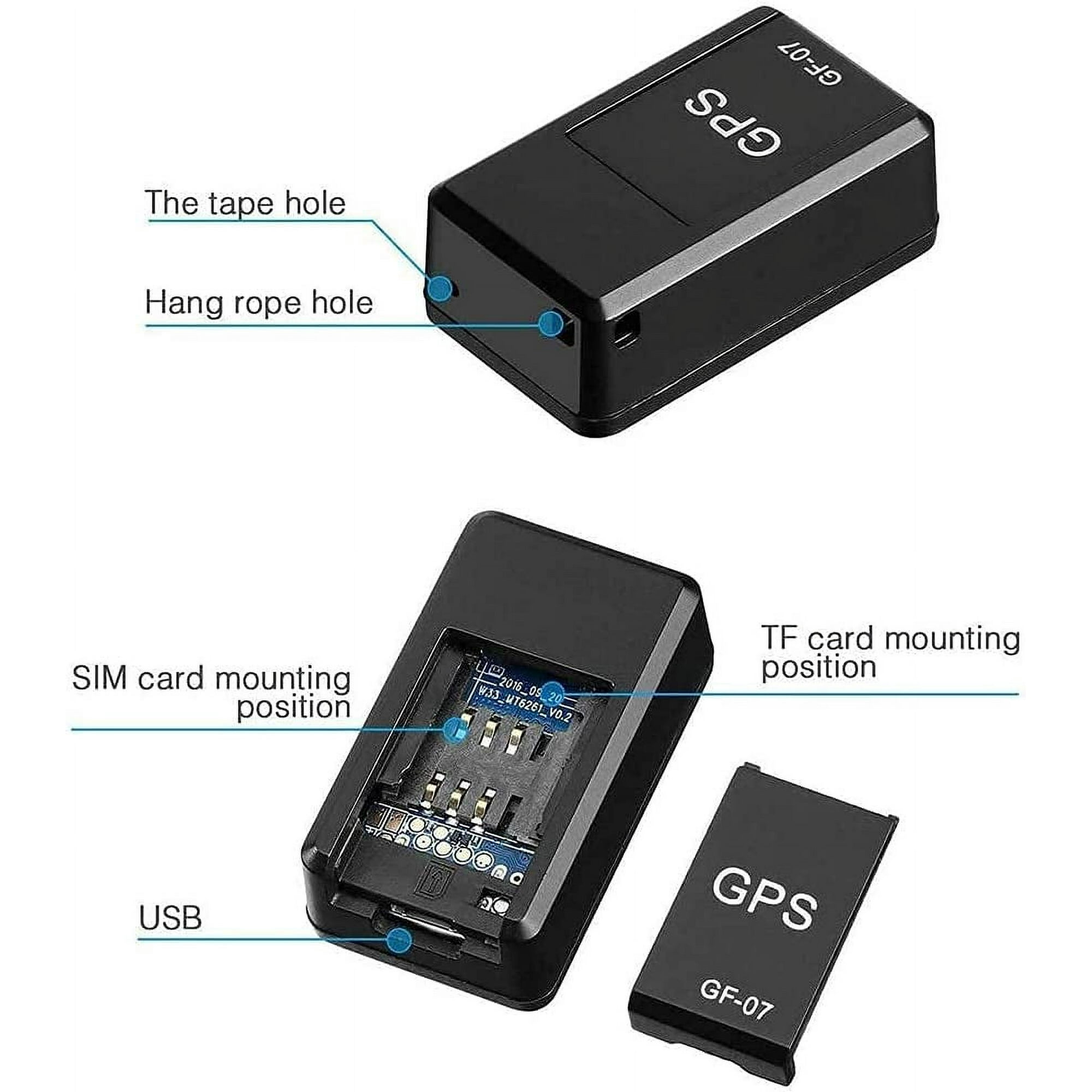 Ein schwarzer GPS-Tracker mit beschrifteten Teilen. Enthält einen SIM-Kartensteckplatz, USB und einen TF-Kartensteckplatz.