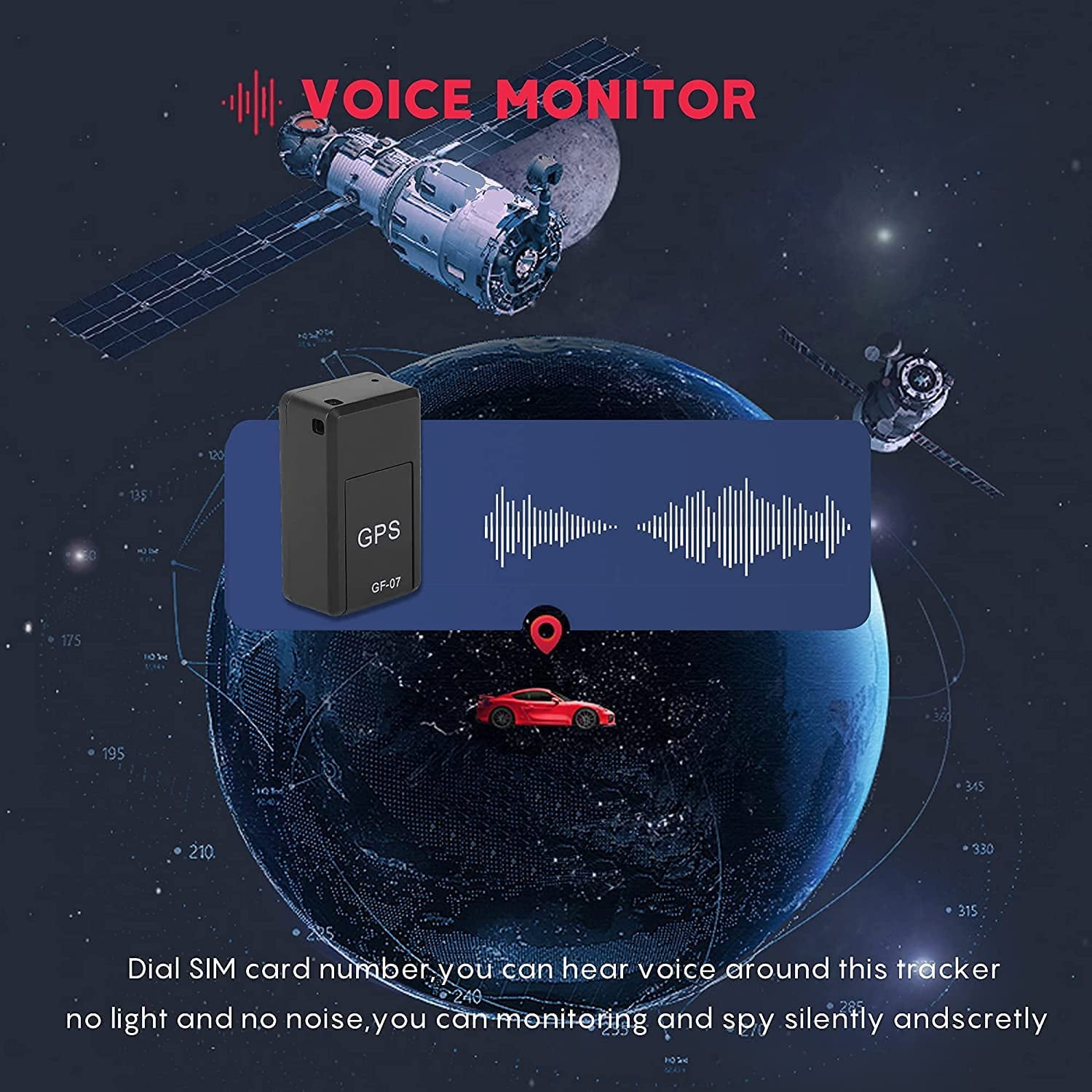 Eine Illustration zeigt einen GPS-Tracker, Satelliten und ein rotes Auto auf der Erde, mit Text.