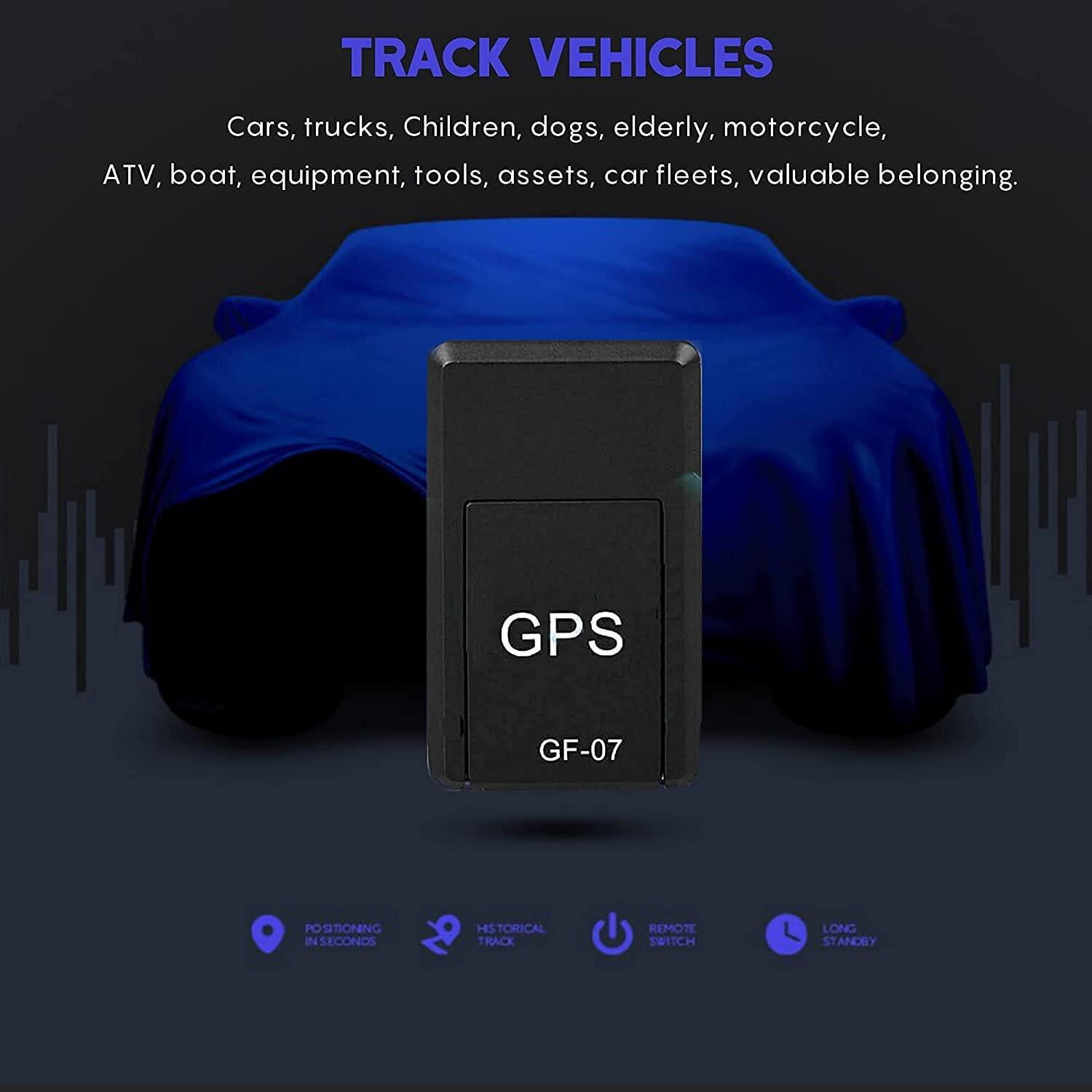 Schwarzer GPS-Tracker auf dunkeltürkisfarbenem Hintergrund. Text: Fahrzeuge verfolgen. GPS GF-07.