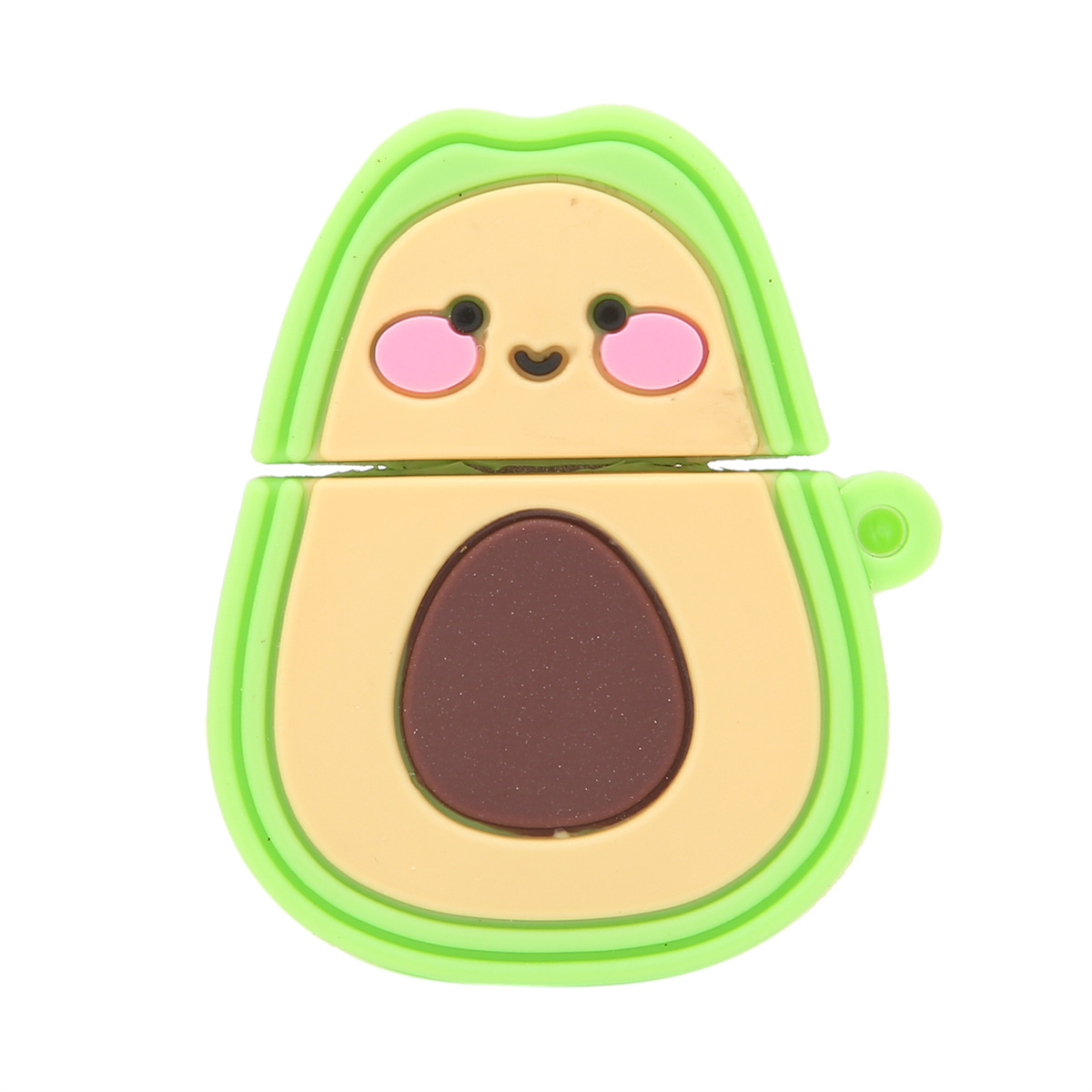 Avocado-förmiges AirPods-Etui, grün und hellbraun, offen.