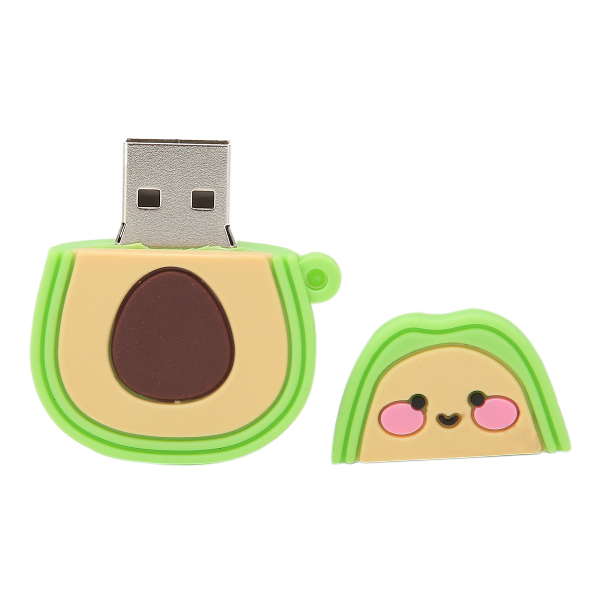 Ein Avocado-USB-Stick in zwei Teilen: die Avocado und ein lächelnder Kern.