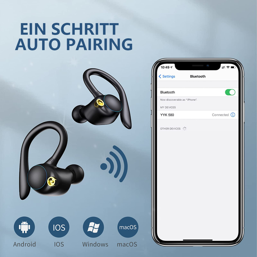 Schwarze Ohrhörer, gekoppelt mit einem Telefon, zeigt Bluetooth-Verbindung. Kompatibel mit Android, iOS, etc.