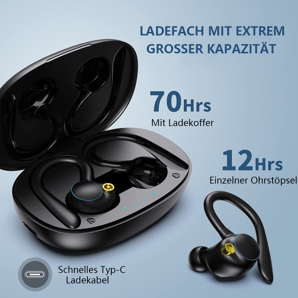 Schwarze Ohrhörer in einem Ladekoffer, mit einem einzelnen Ohrhörer. Text zeigt 70 Stunden und 12 Stunden Akkulaufzeit.