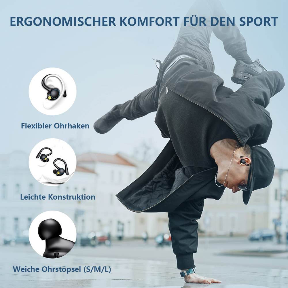 Ein Mann macht einen Kopfstand, während er Kopfhörer trägt. Bilder der Kopfhörer und ihrer Eigenschaften umgeben ihn.