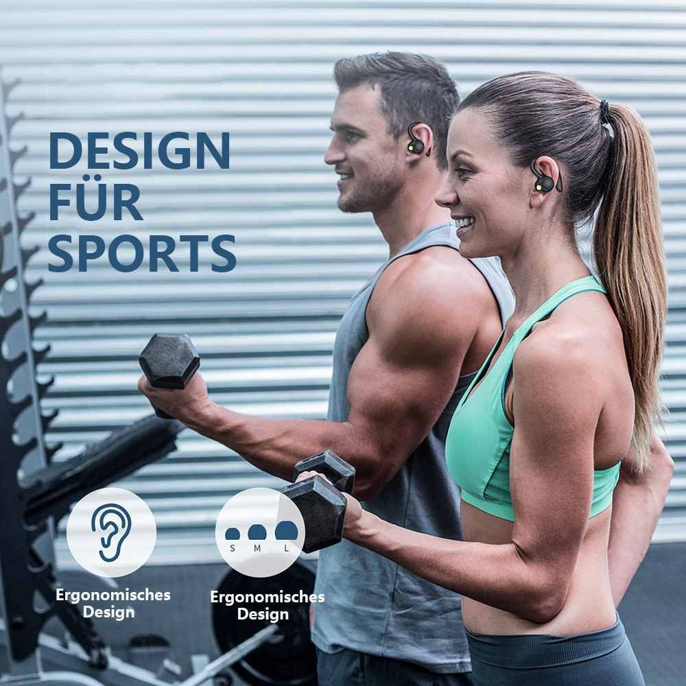 Mann und Frau im Fitnessstudio mit Ohrhörern, Gewichte hebend. Text: Design für Sports.