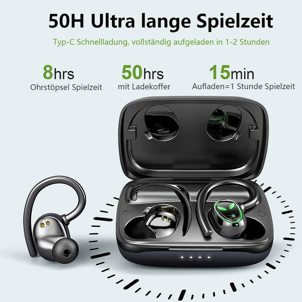 Schwarze und graue Ohrhörer in einem Ladecase. Details zur Akkulaufzeit.