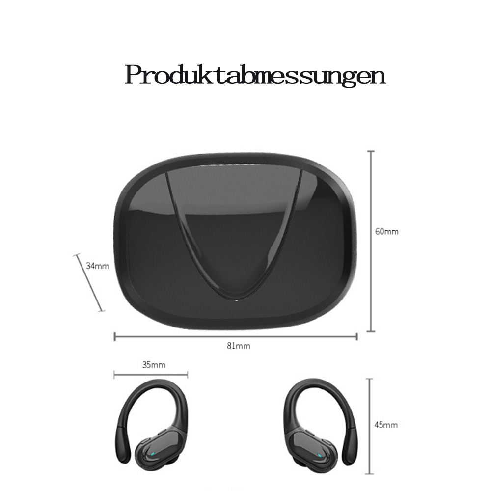 Produktmaße für kabellose Kopfhörer. Abmessungen in mm angegeben, schwarze Farbe.