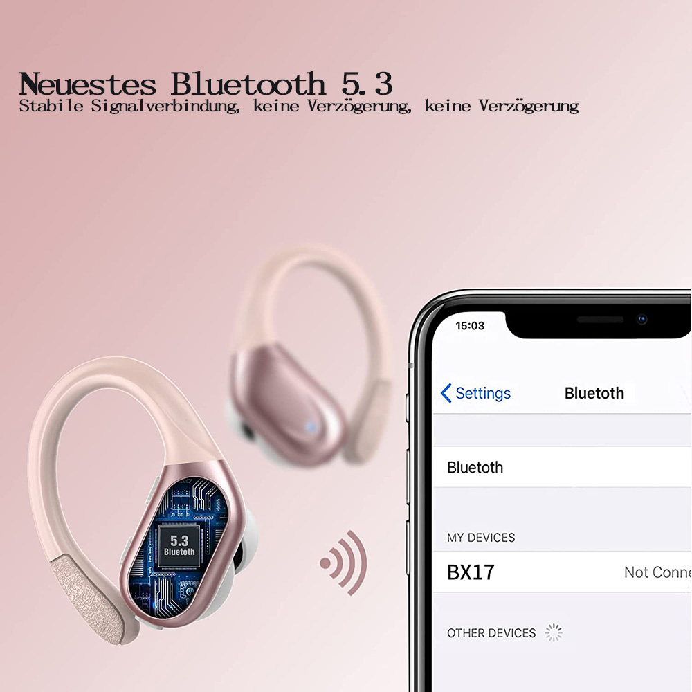 Kabellose Ohrhörer mit einem Telefon, das Einstellungen anzeigt. Text auf dem Telefon: Bluetooth.