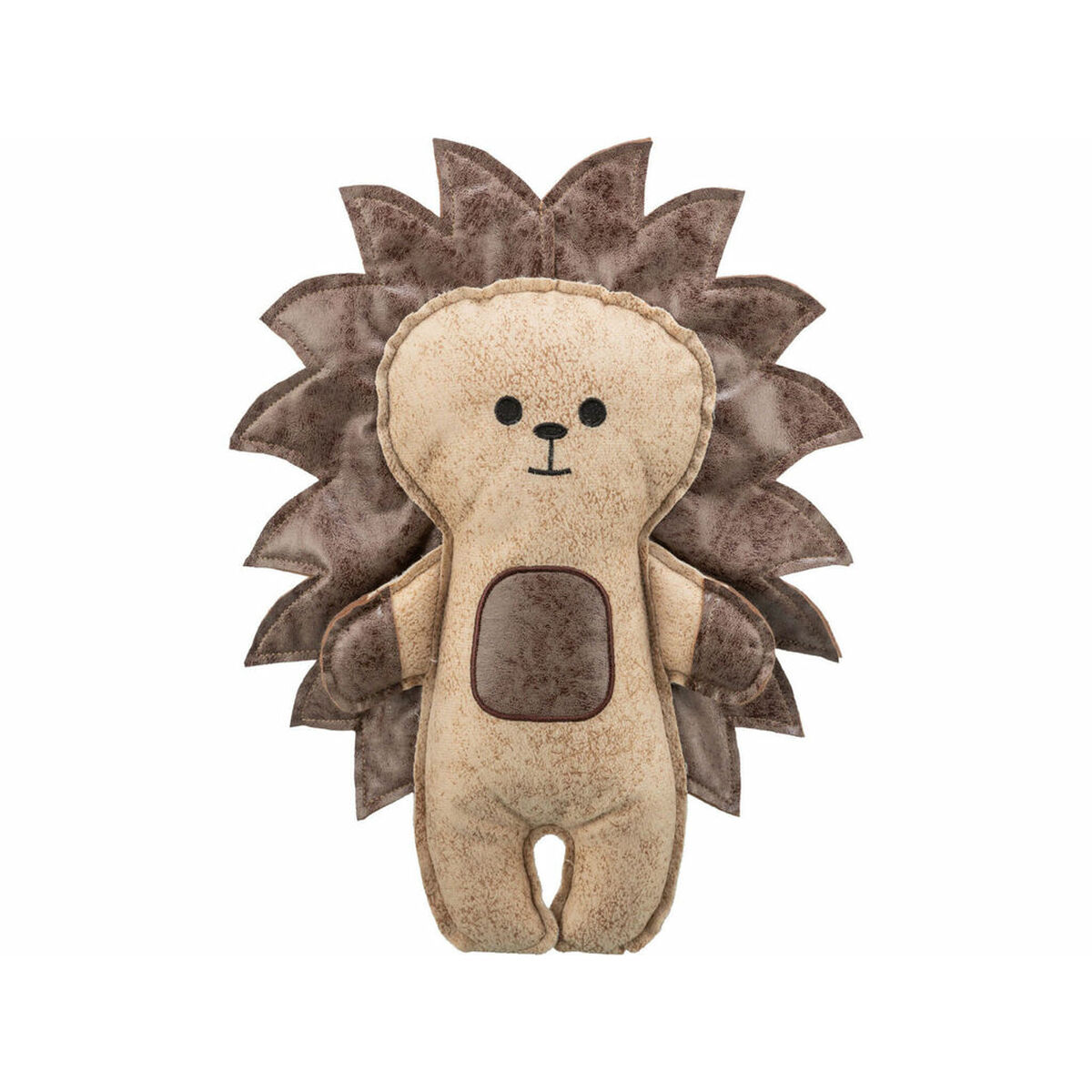 Un giocattolo di riccio di peluche con corpo color crema, aculei marroni e piccole braccia e gambe.