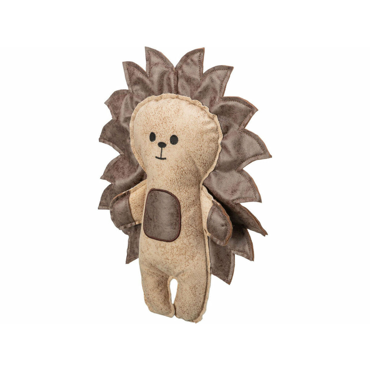 Una bambola di riccio di peluche con corpo beige, pelliccia marrone e toppa sulla pancia marrone.