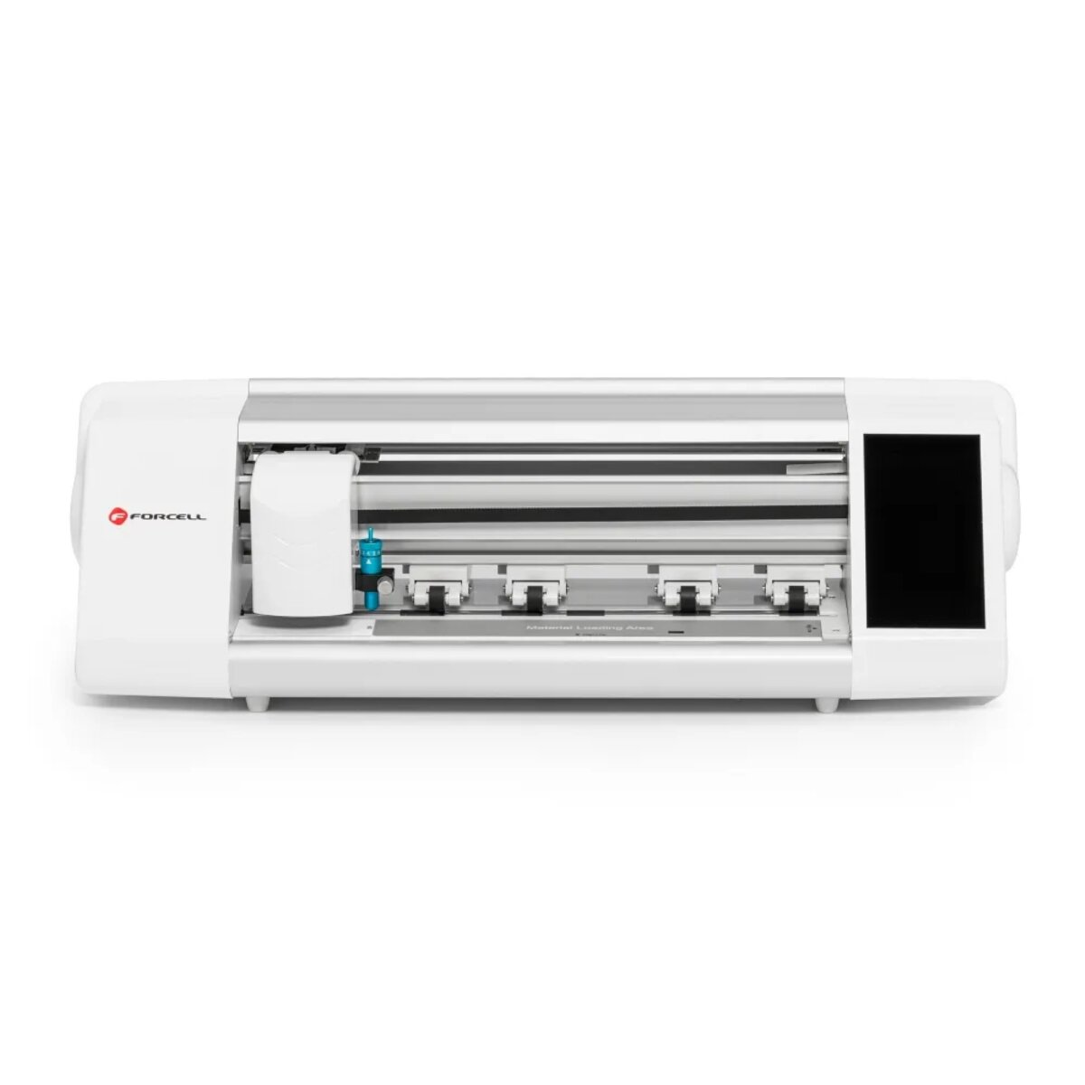 Eine weiße Schneidemaschine mit schwarzem Display und dem Wort Forcell darauf.
