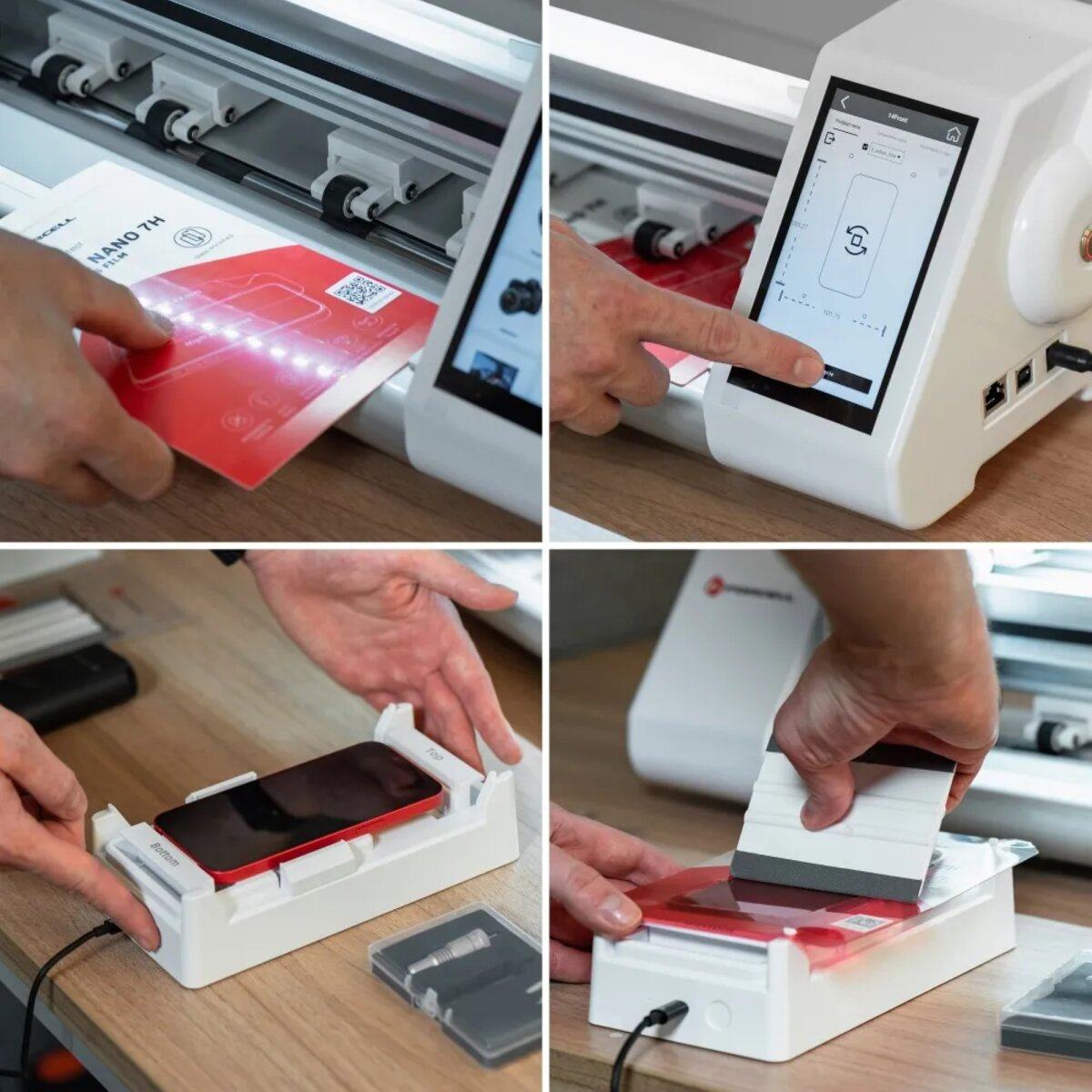 Eine Person bringt mit einer Maschine und Werkzeugen eine Displayschutzfolie auf einem Telefon an.