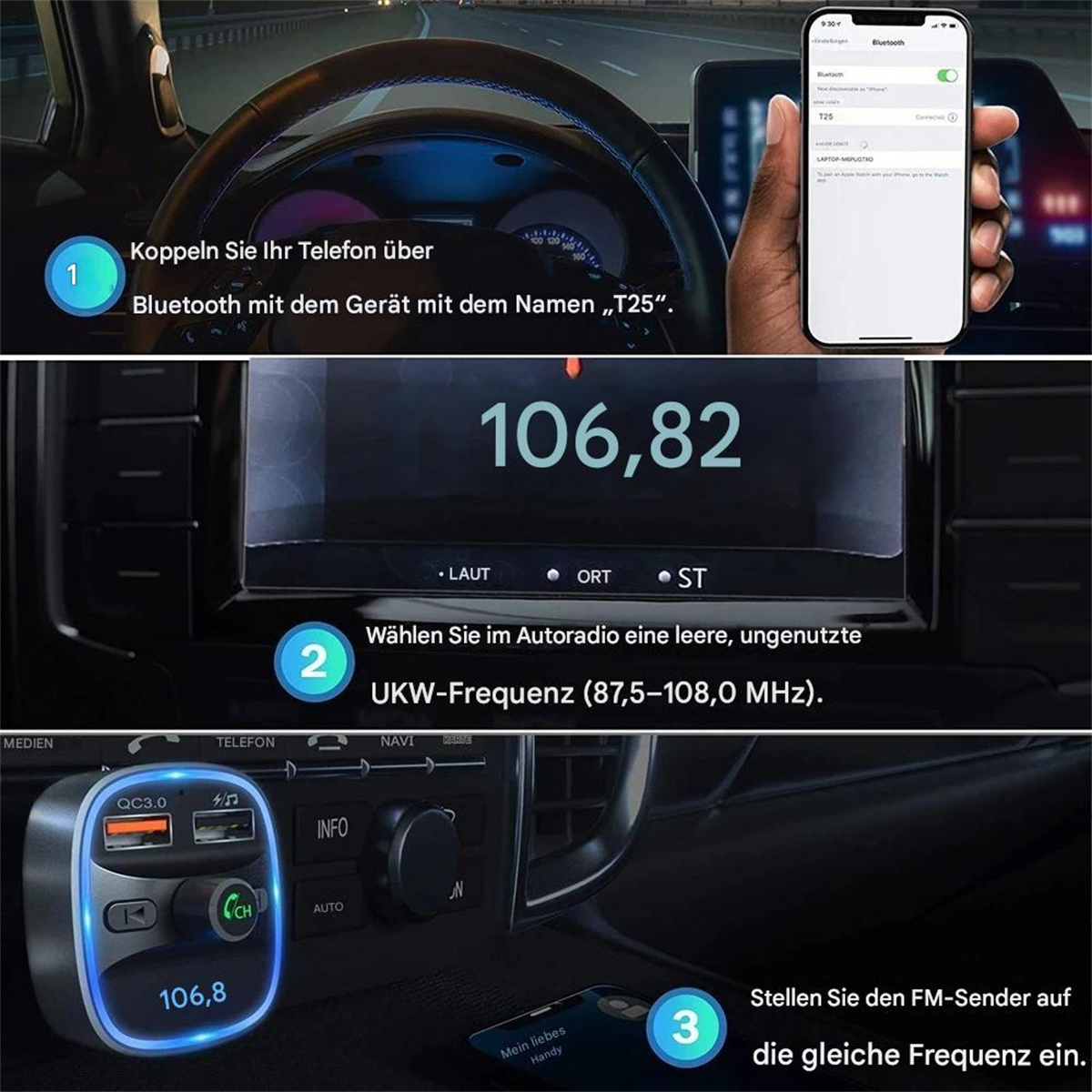 Das Bild zeigt einen Auto innenraum. Eine Hand hält ein Telefon, das über Bluetooth mit dem Audiosystem des Autos verbunden ist.