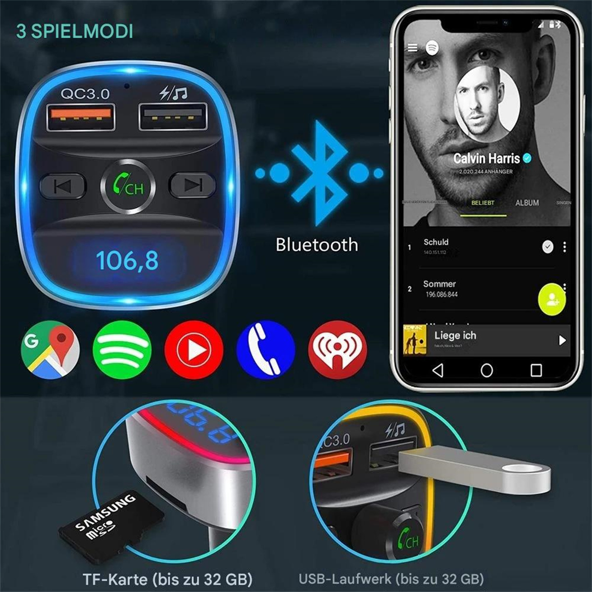 Bluetooth-Auto-Adapter mit TF-Karte, USB-Laufwerk und Calvin Harris-Song auf dem Telefonbildschirm.