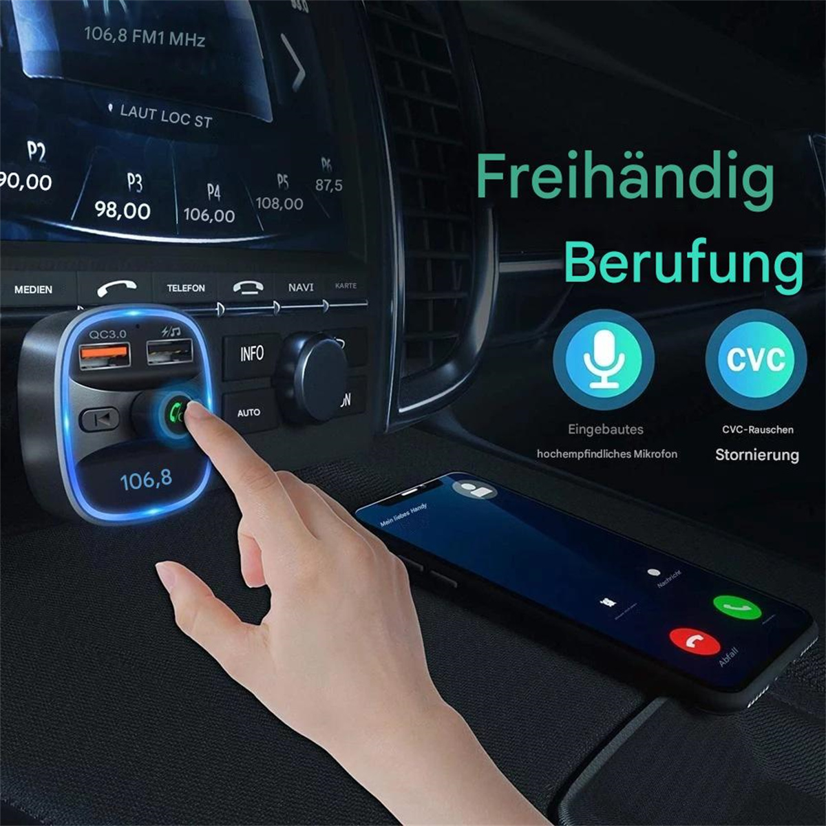 Armaturenbrett mit Hand, die einen Knopf berührt. Telefon zeigt Anrufbildschirm. Text auf Deutsch: Freihändig Berufung.
