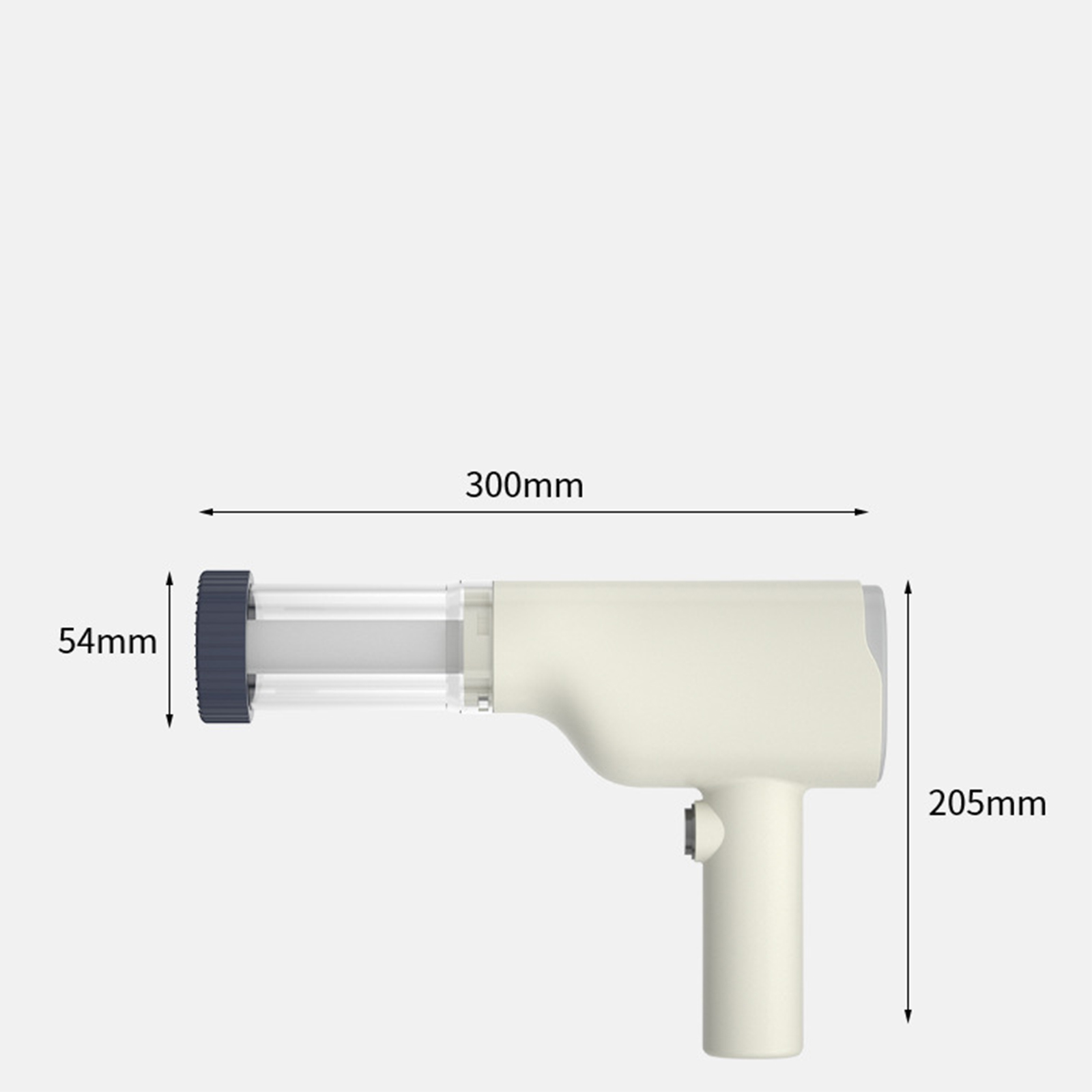 Ein elektrischer Haarcurler mit Maßen, weiß und grau. Die Abmessungen sind 300 mm und 205 mm.