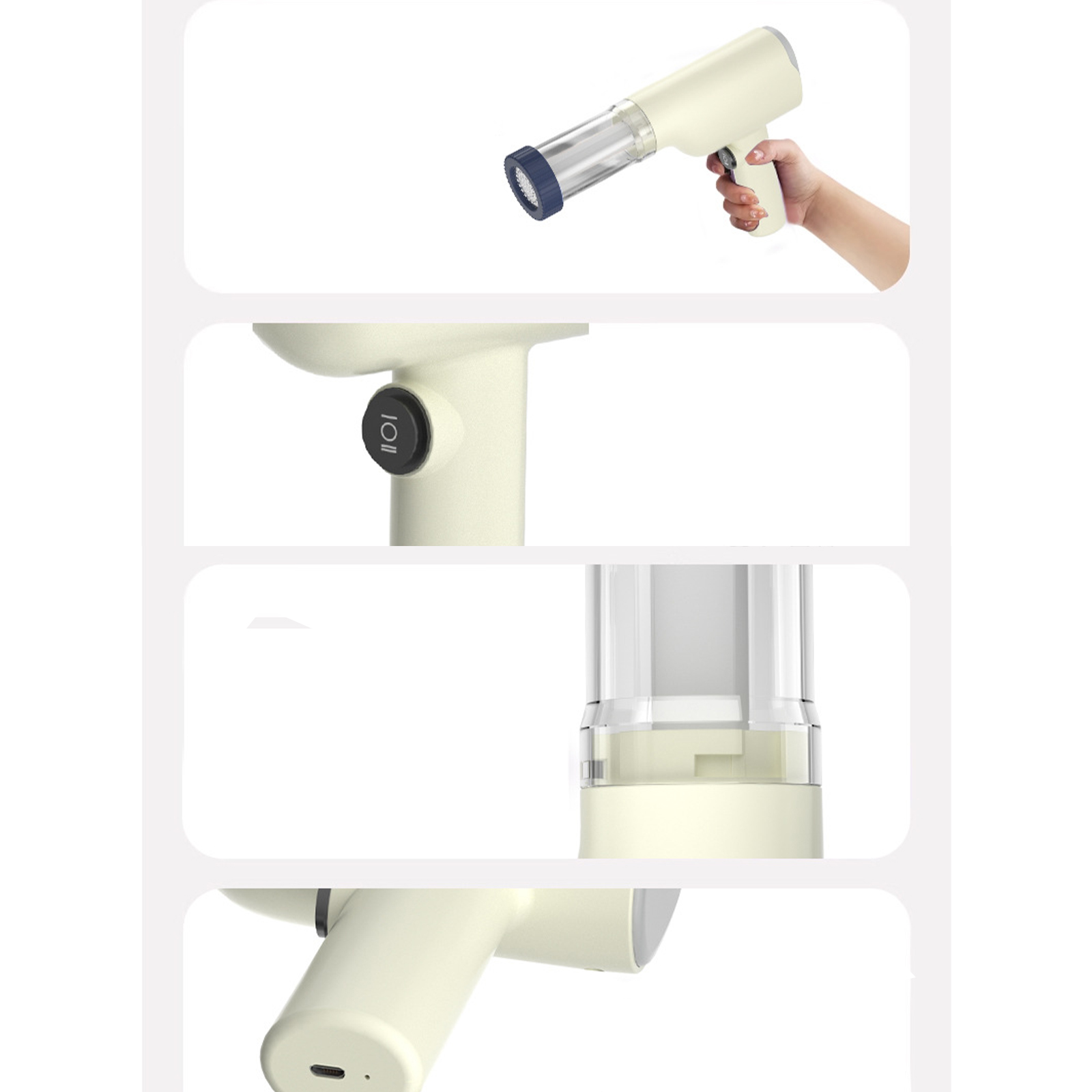 Nahaufnahmen eines cremefarbenen Handgeräts, die verschiedene Details und Funktionen zeigen.
