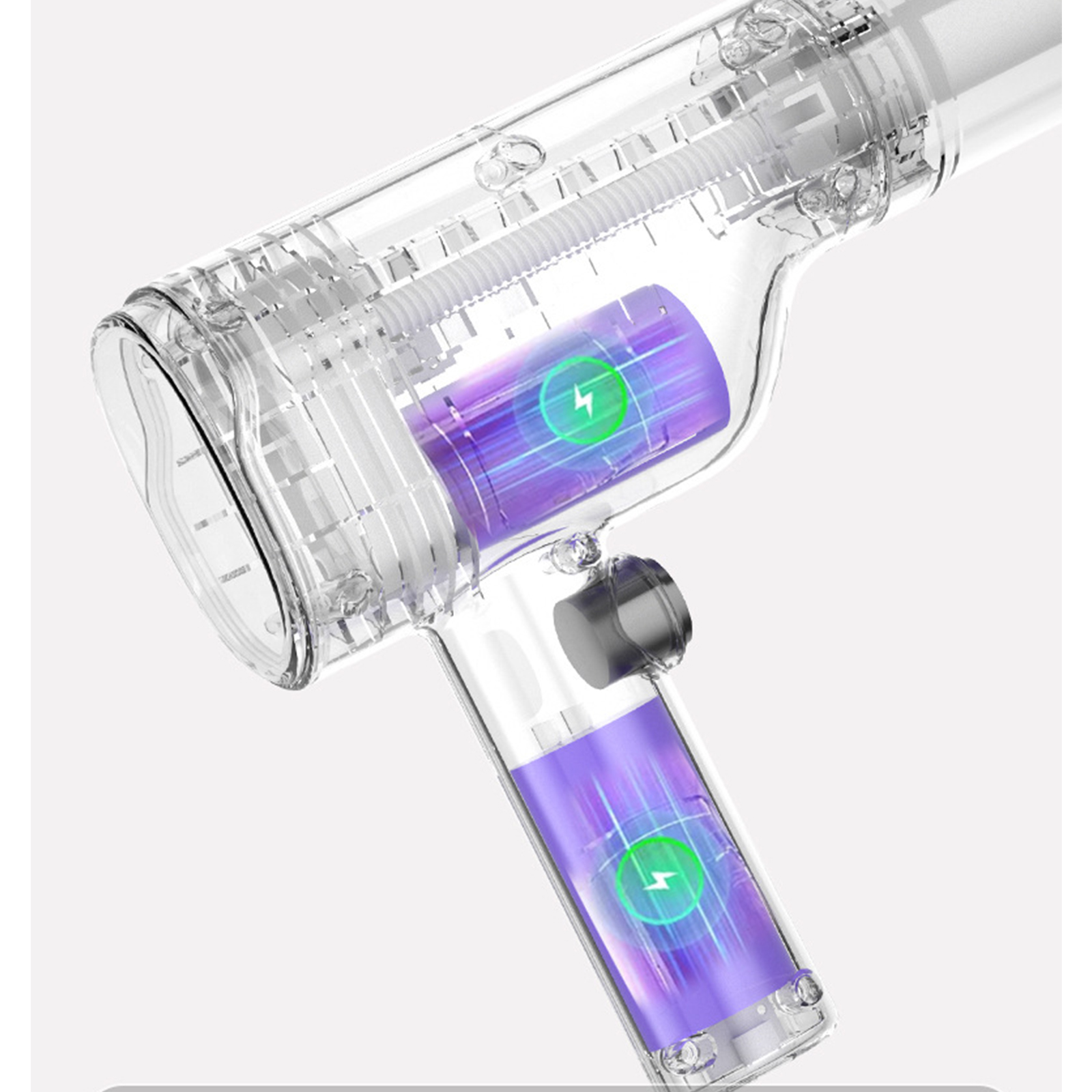 Ein transparentes Gerät, das interne Komponenten mit lila und grünen Lichtern zeigt.
