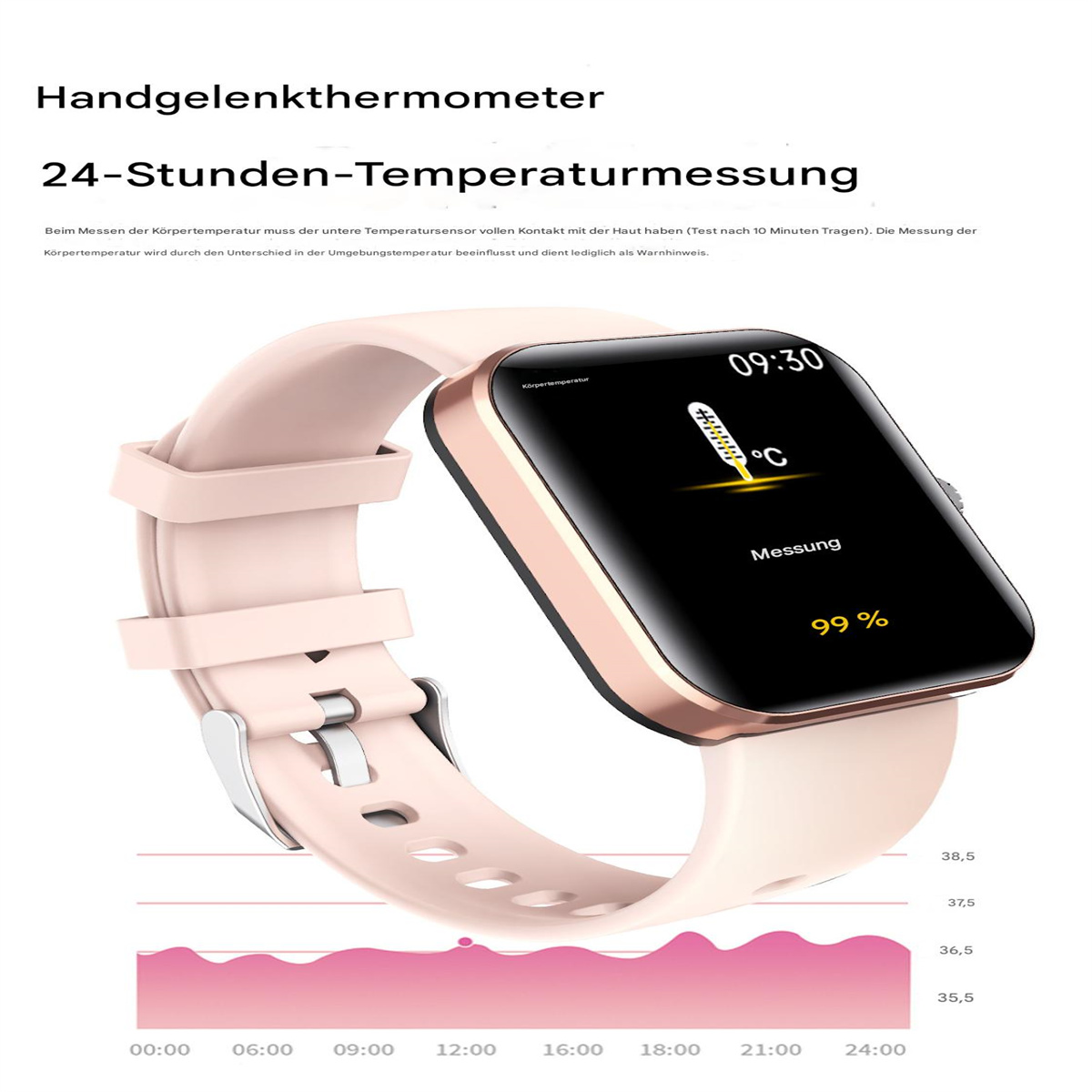 Eine Armbanduhr zeigt Zeit und Temperatur an. Ein Diagramm zeigt Temperaturschwankungen.