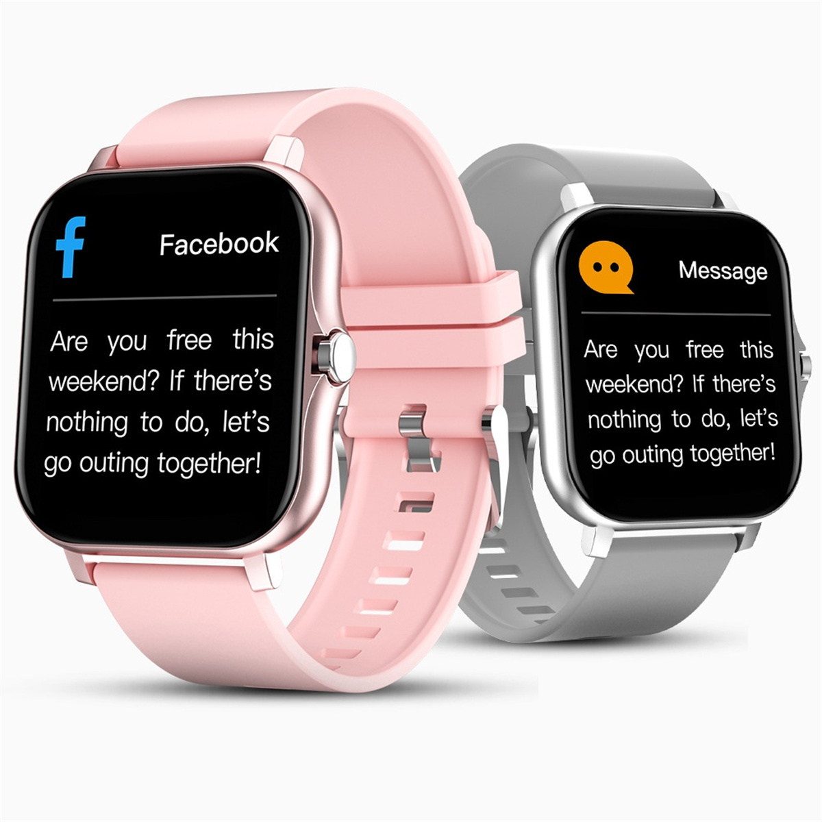 Zwei Smartwatches mit Social-Media-Nachrichten auf den Bildschirmen: eine rosa, eine grau.