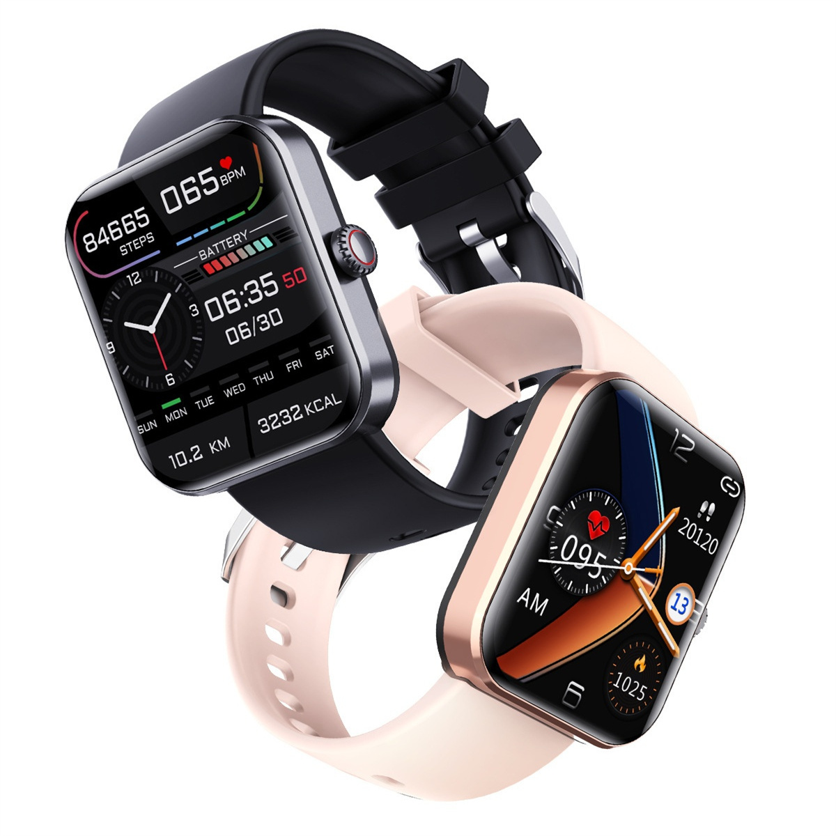 Drei Smartwatches auf weißem Hintergrund. Die Uhren haben schwarze, beige und rosa Armbänder.
