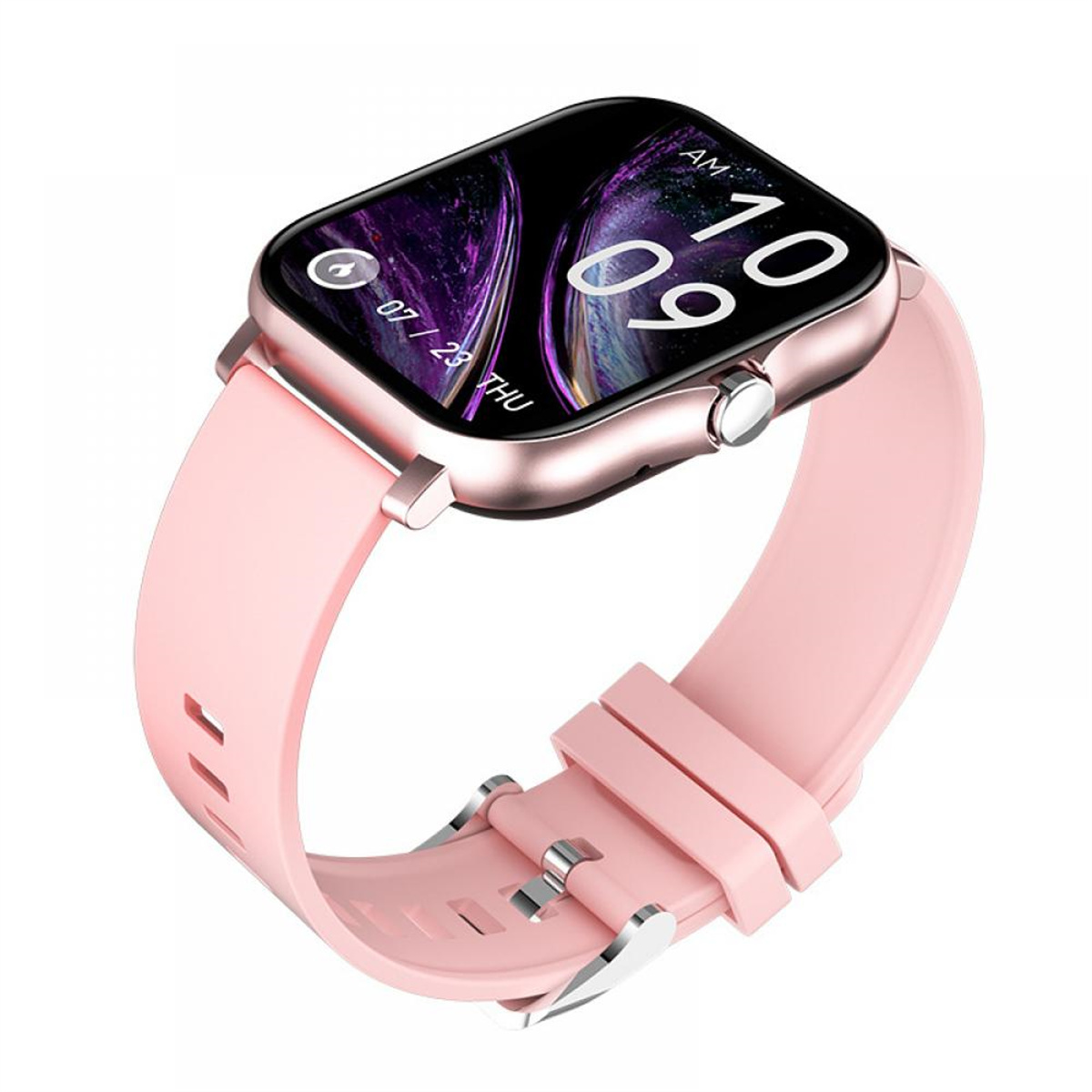 Rosafarbene Smartwatch mit rosa Armband. Der Bildschirm zeigt Datum und Uhrzeit. Weißer Hintergrund.