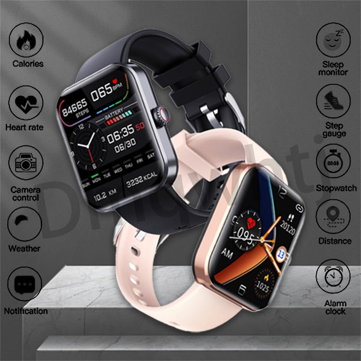 Eine Smartwatch mit verschiedenen Symbolen für Gesundheitsmetriken und Benachrichtigungen. Zwei Uhren werden gezeigt.