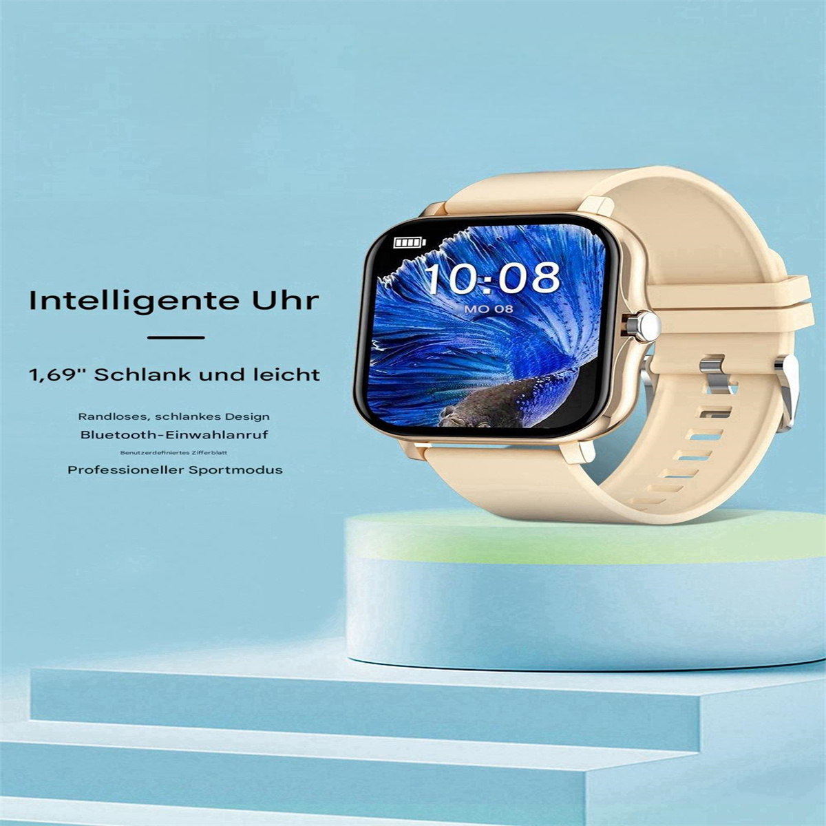 Eine Smartwatch mit digitaler Anzeige, die die Uhrzeit anzeigt, und einem goldfarbenen Armband.