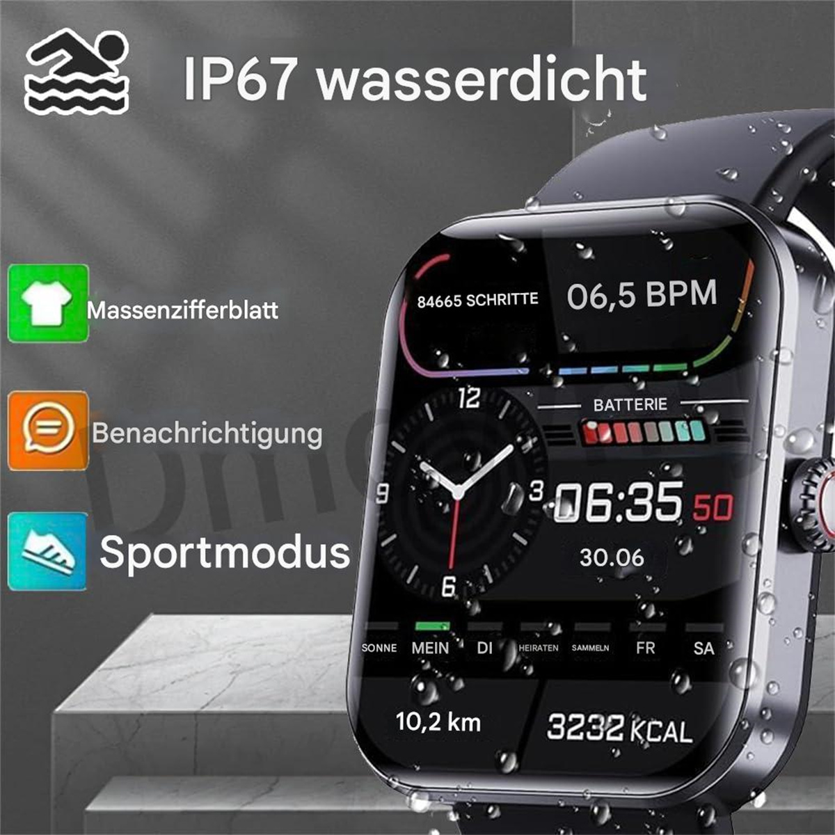 Eine Smartwatch mit Anzeige von Zeit, Akku und Gesundheitsmetriken, Symbole sichtbar.