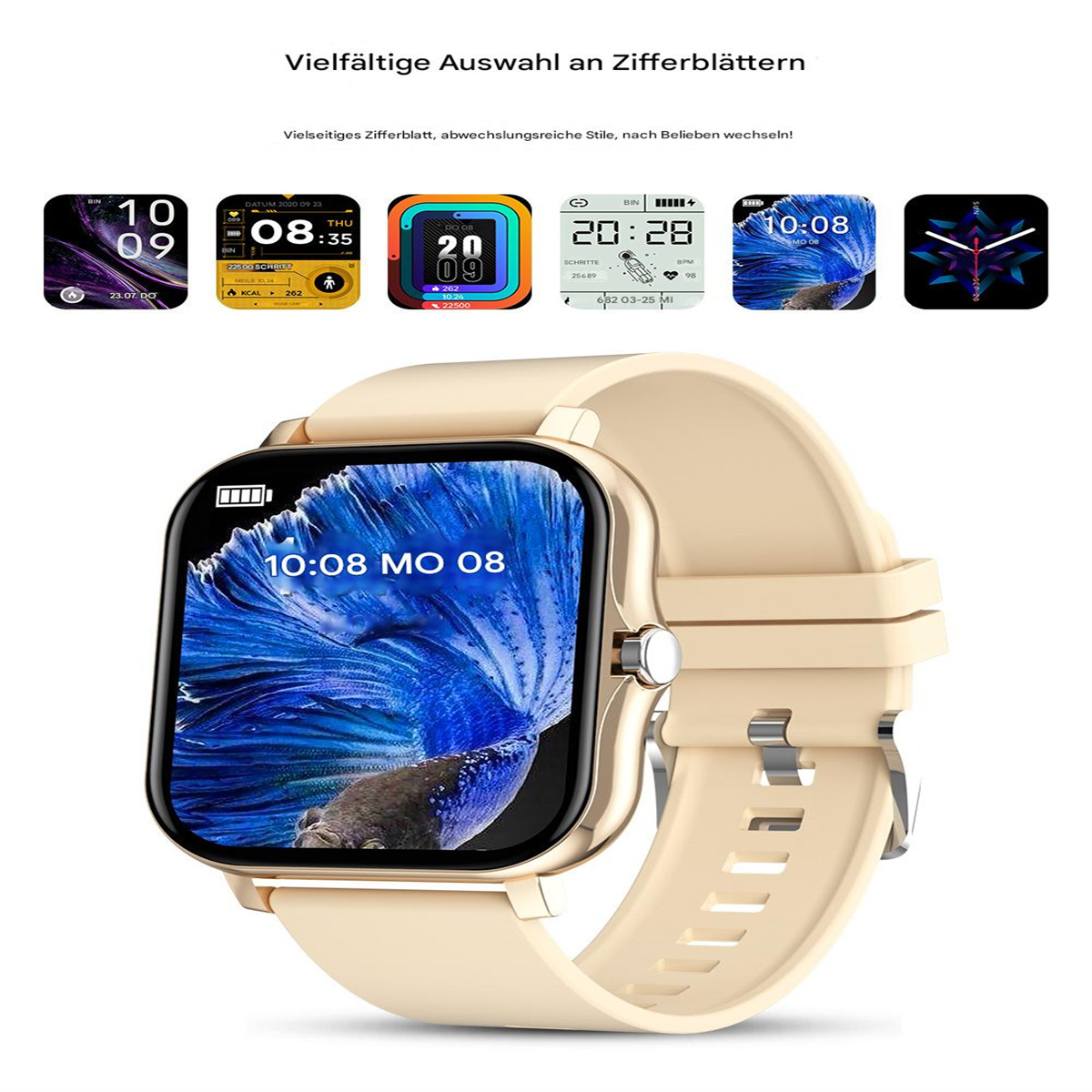 Smartwatch mit mehreren Zifferblättern, Anzeige von Uhrzeit und Datum, mit beigem Armband.