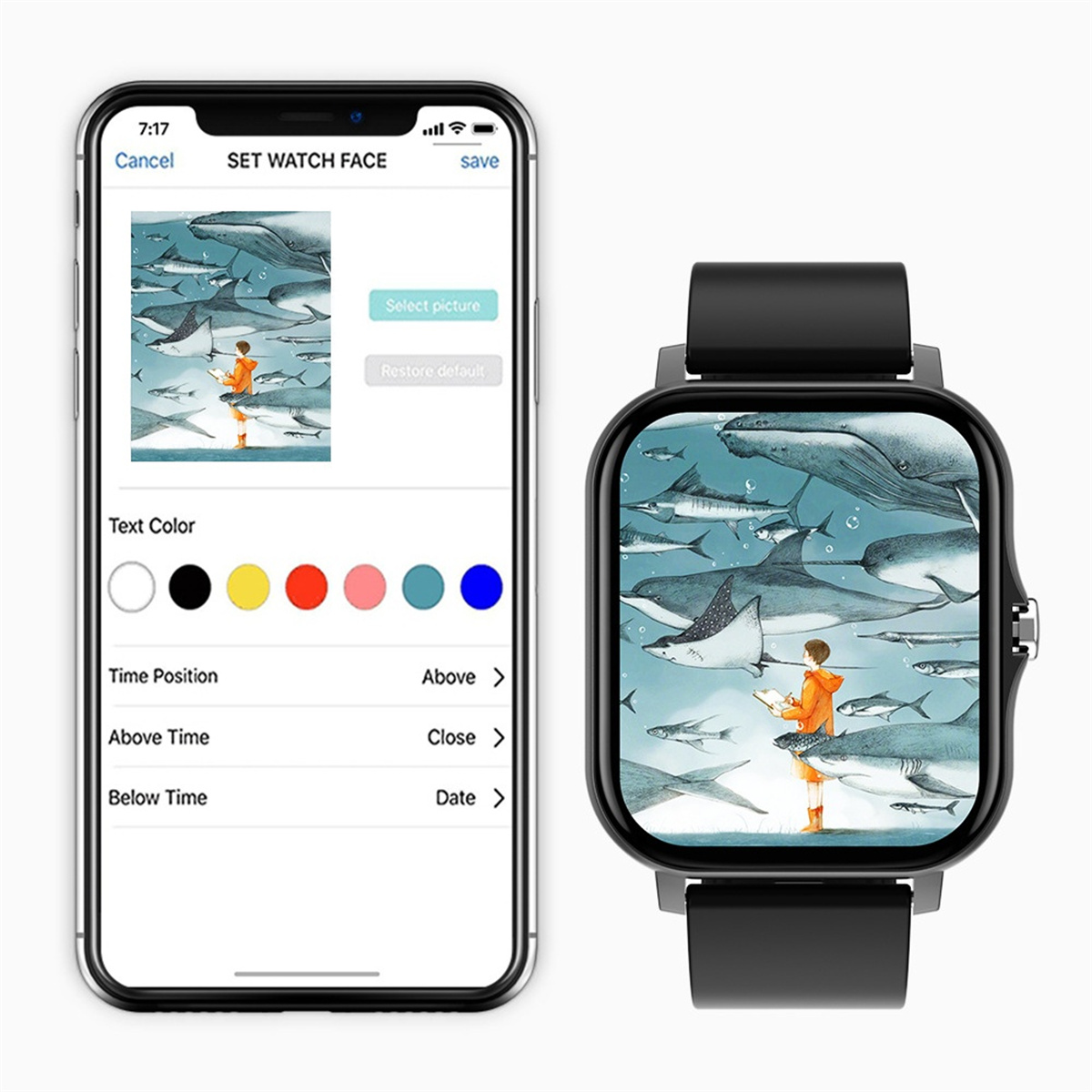 Smartwatch mit Walgemälde. Telefon mit App für Ziffernblatt und Farboptionen.