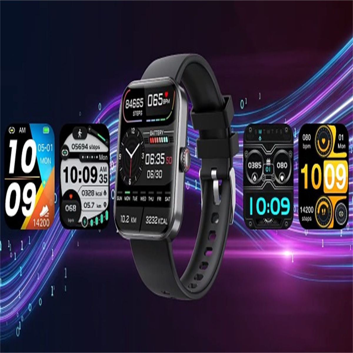 Smartwatch mit mehreren Bildschirmen, die Fitness- und Gesundheitsdaten anzeigen.