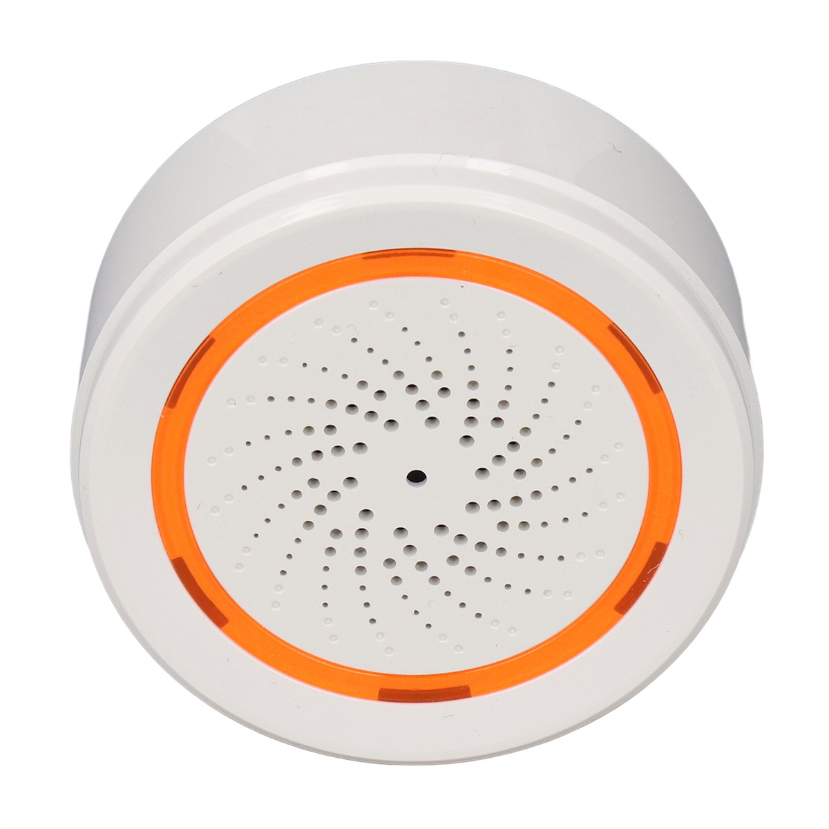 Weißer Alarm mit orangefarbenen Details. Perforiertes Zentrum. Kreisförmiges Design.