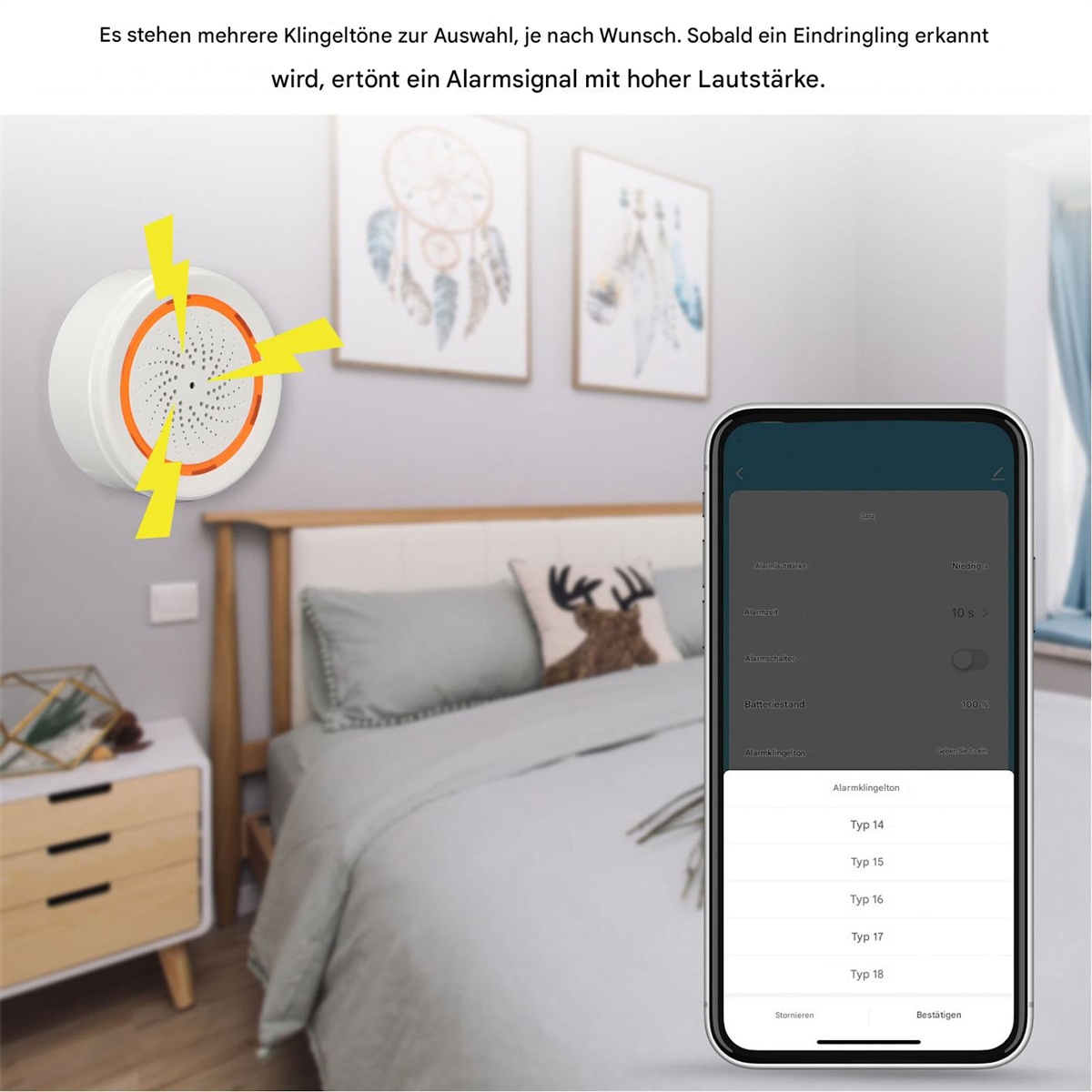 Smart Home Alarmsystem. Wandgerät und Smartphone, das Einstellungen auf einem Bett anzeigt.