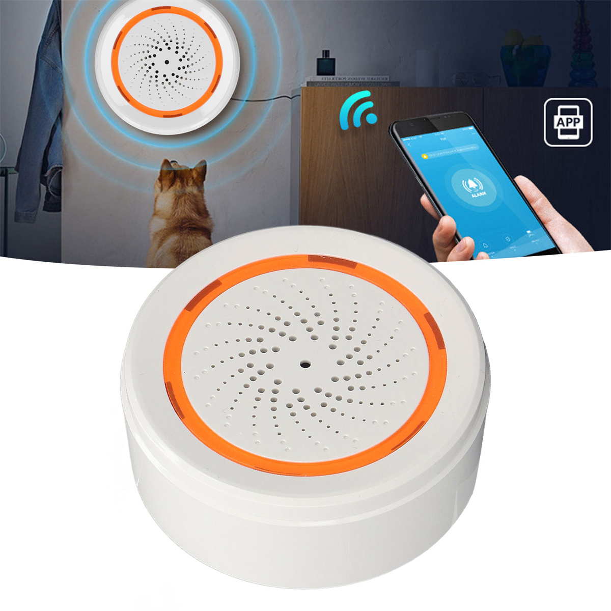 Weißes Alarmgerät an der Wand, verbunden mit einem Telefonbildschirm mit App-Oberfläche, Hund im Hintergrund.