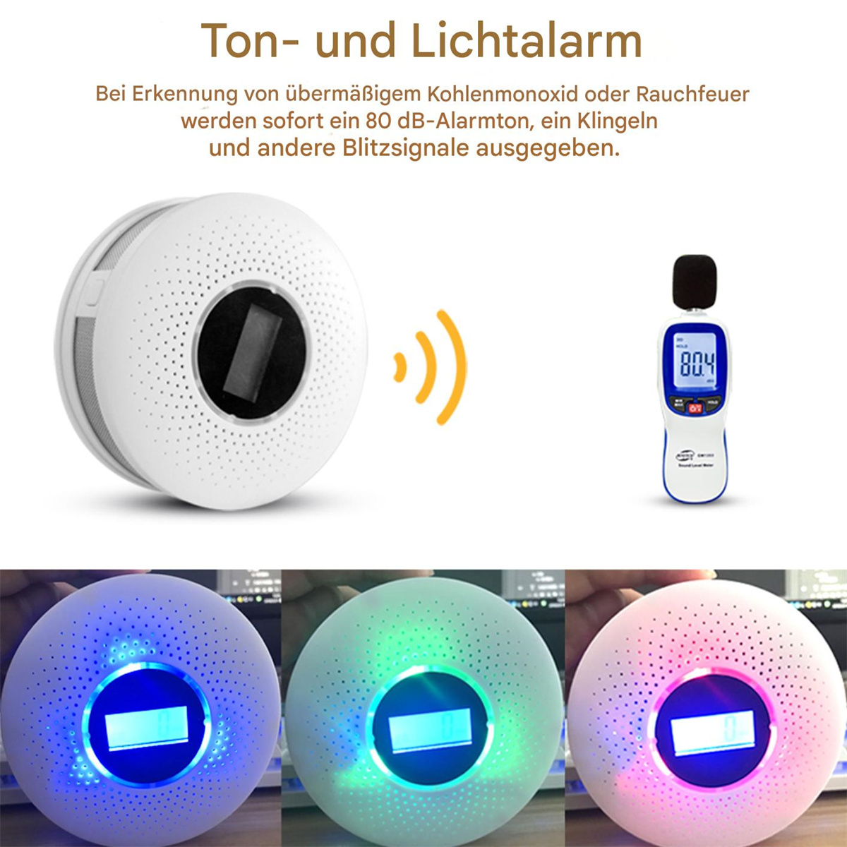 Rauchmelder und Schallpegelmesser. Der Melder hat eine Lichtanzeige. Text und Lichter werden gezeigt.