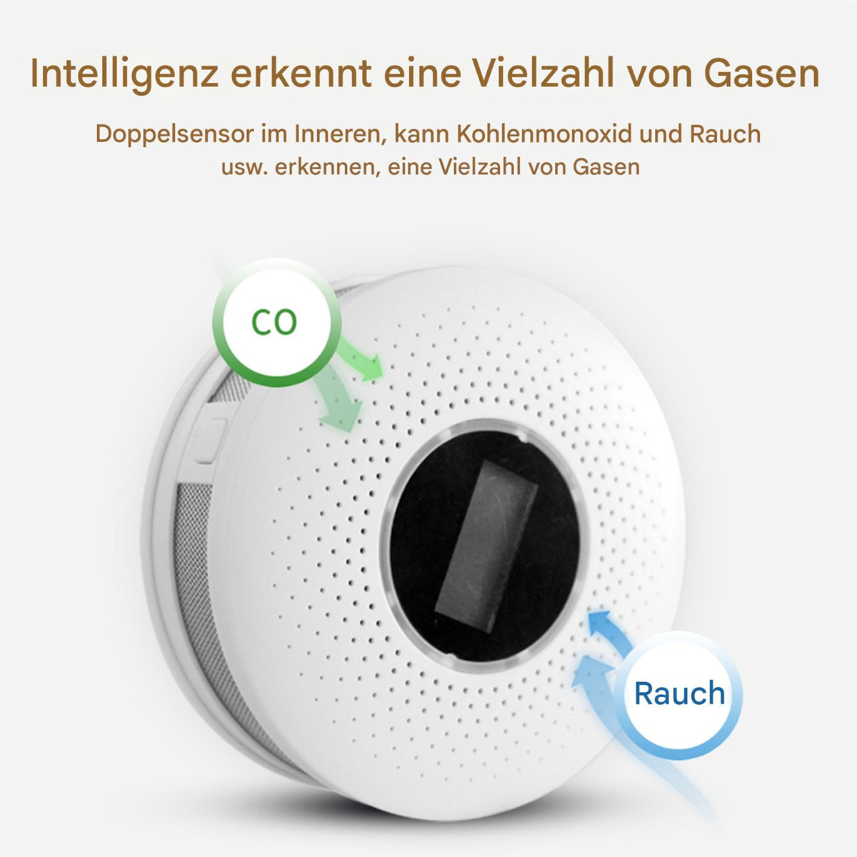Weißer Rauchmelder mit Pfeilen, die Gas und Rauch zeigen, und Text. Der Hintergrund ist beige.