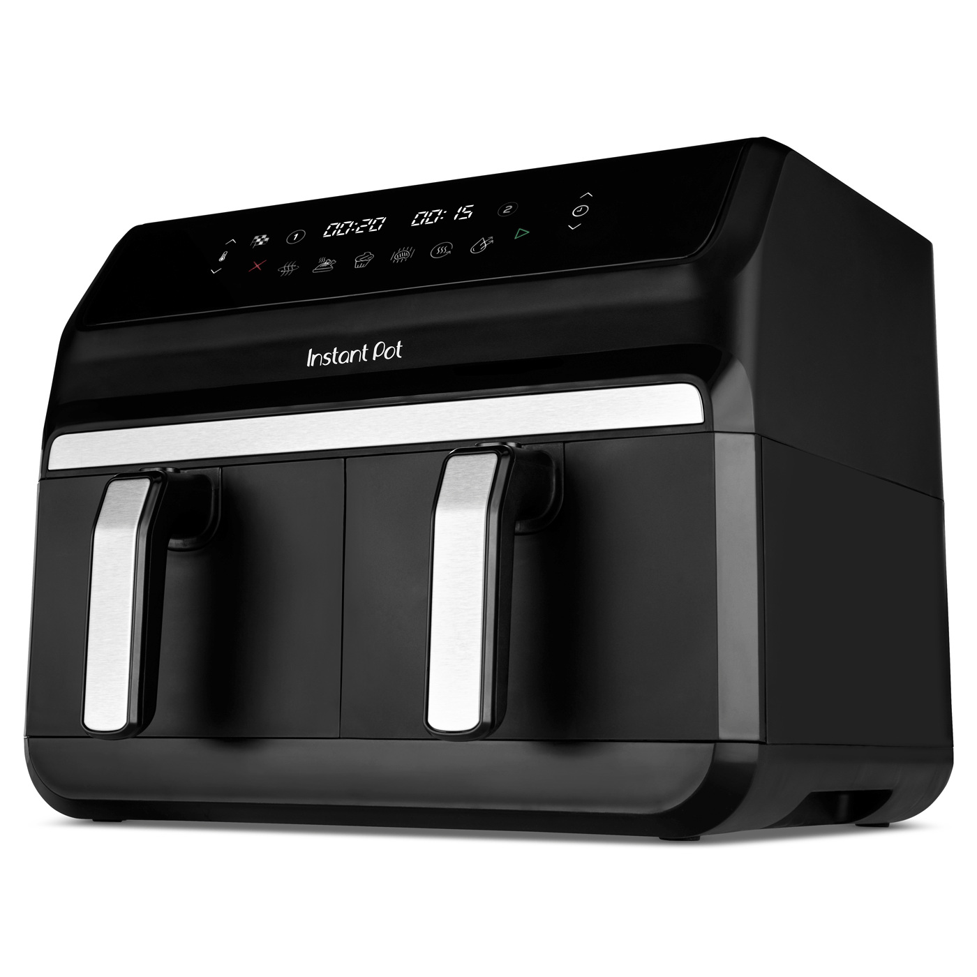 Zwarte Instant Pot airfryer met dubbele compartimenten en zilveren handgrepen.