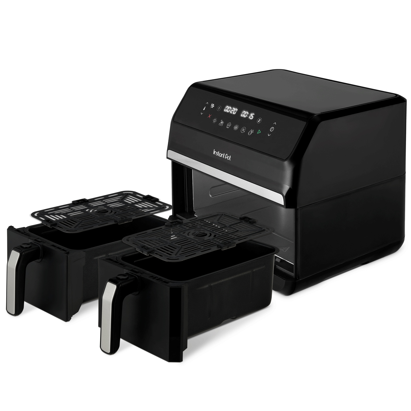 Zwarte airfryer met twee open manden. De airfryer staat op een wit oppervlak. Het merk Instant Pot is zichtbaar.