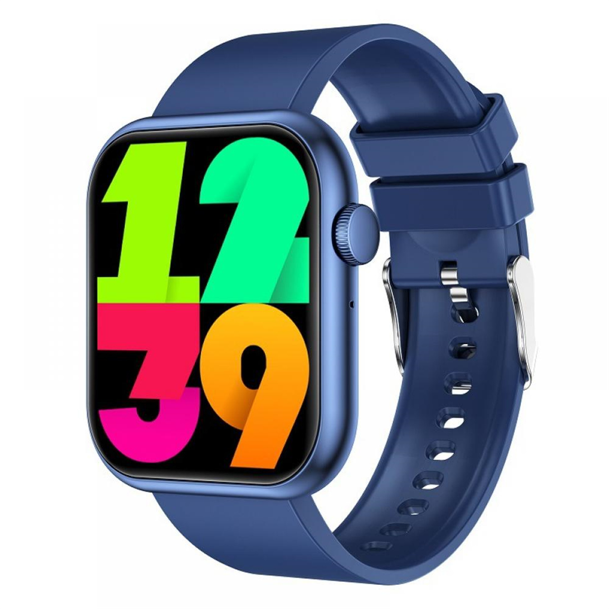 Blaue Smartwatch mit farbigem Display, das die Zeit anzeigt, und blauem Armband.