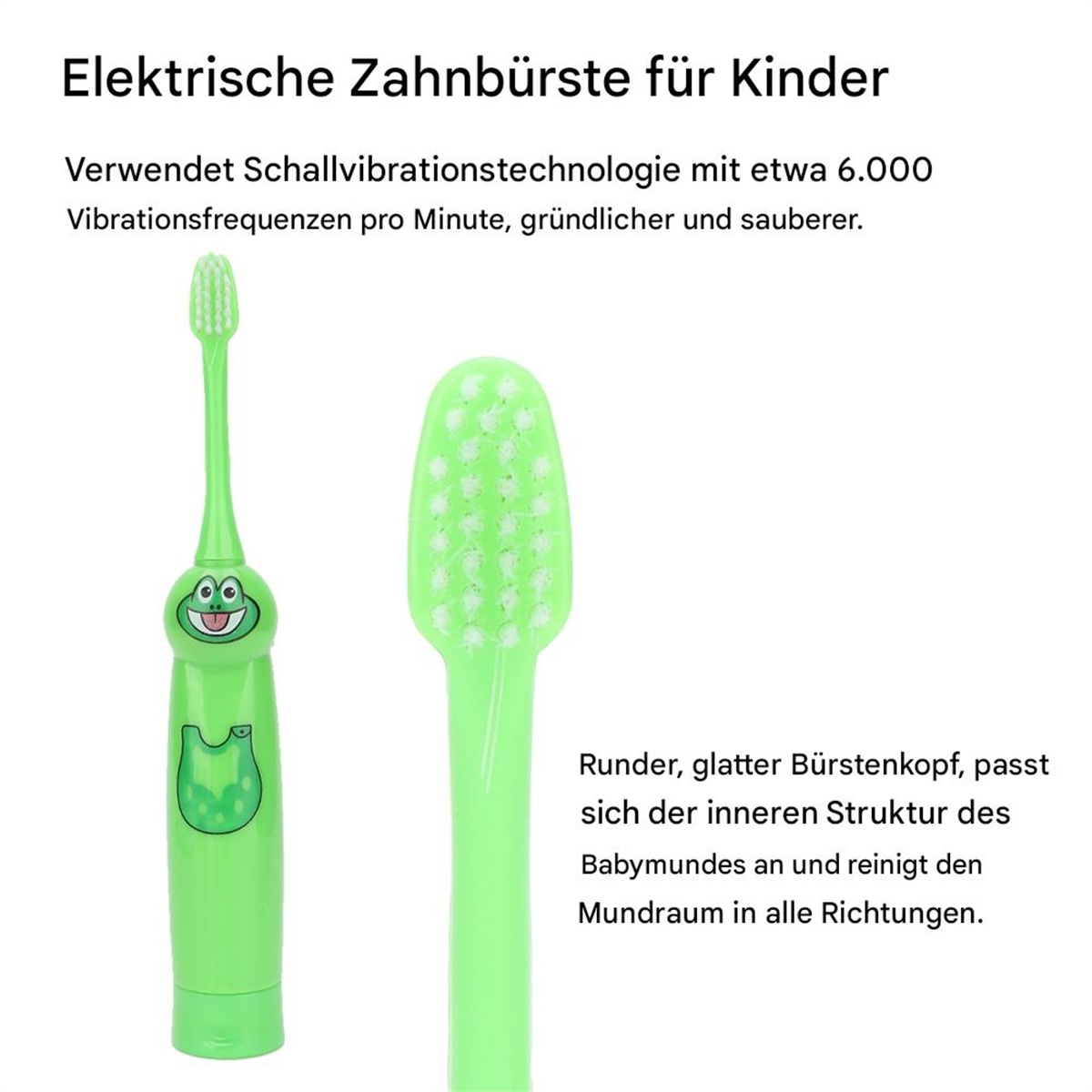 Grüne, froschförmige elektrische Zahnbürste mit Bürstenköpfen. Text auf Deutsch.