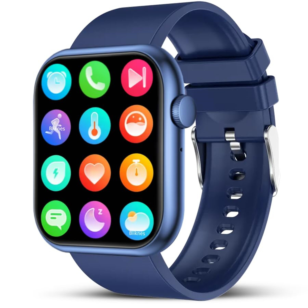 Blaue Smartwatch. Anzeige mit Symbolen. Blaues Armband. Weißer Hintergrund.