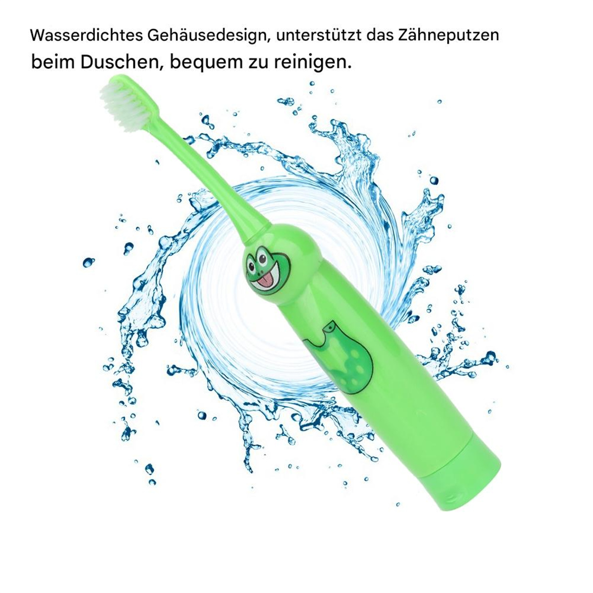 Grüne elektrische Zahnbürste mit Froschdesign, mit Wasserspritzern im Hintergrund.
