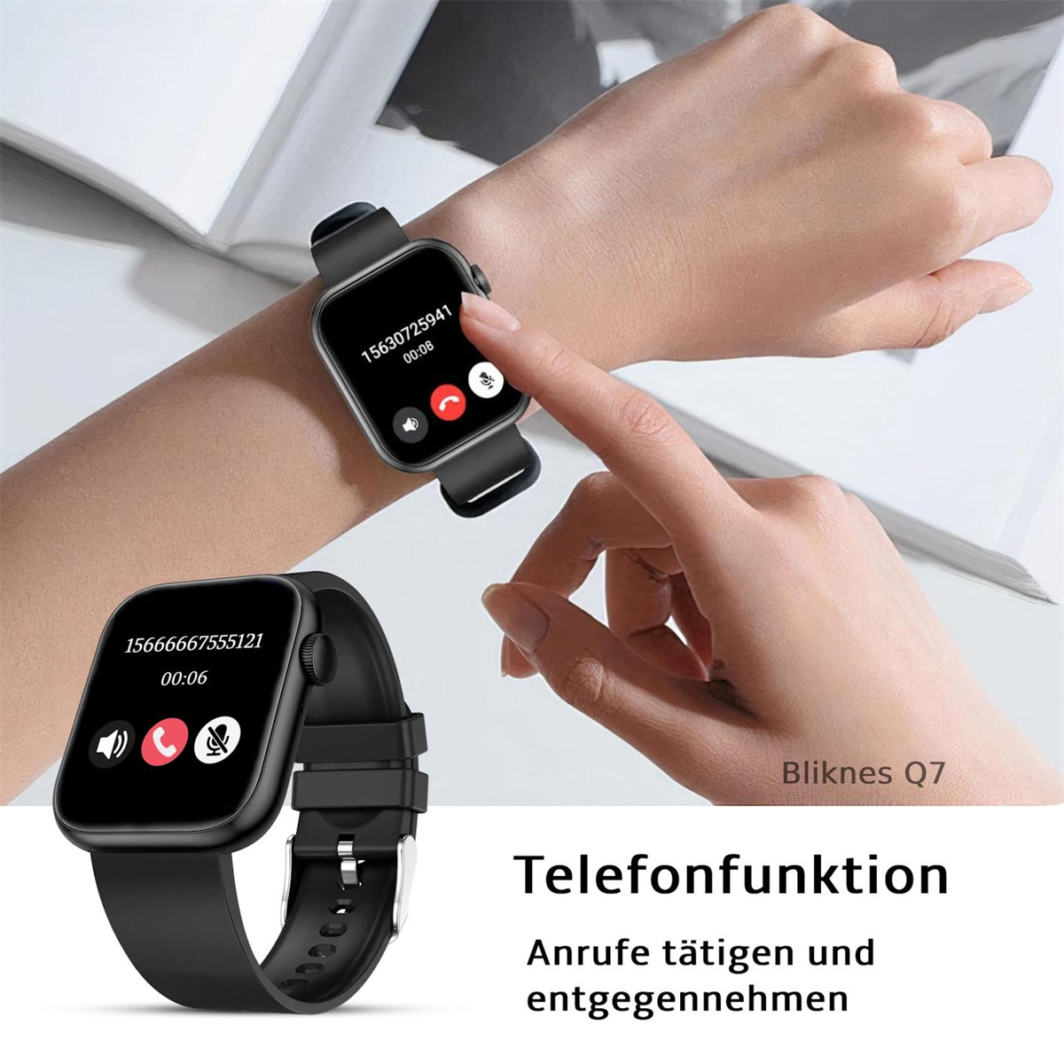Schwarze Smartwatch am Handgelenk, zeigt Anrufoberfläche. Eine andere Uhr zeigt Anrufdetails. Text: Telefonfunktion.