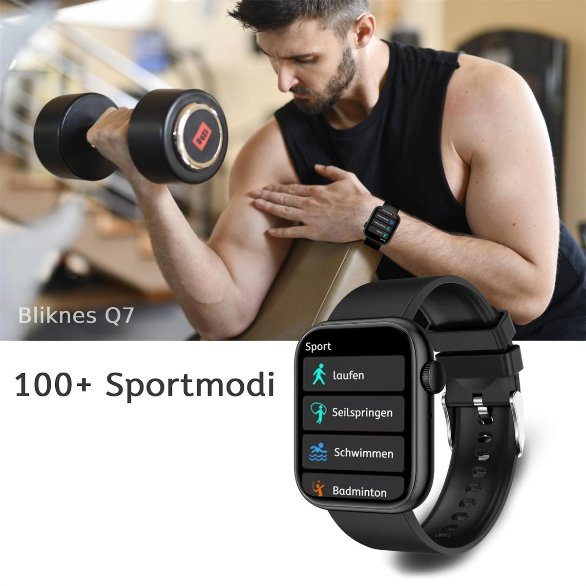 Mann, der eine Smartwatch mit Sportmodi verwendet. Die Uhr und Hanteln sind sichtbar.