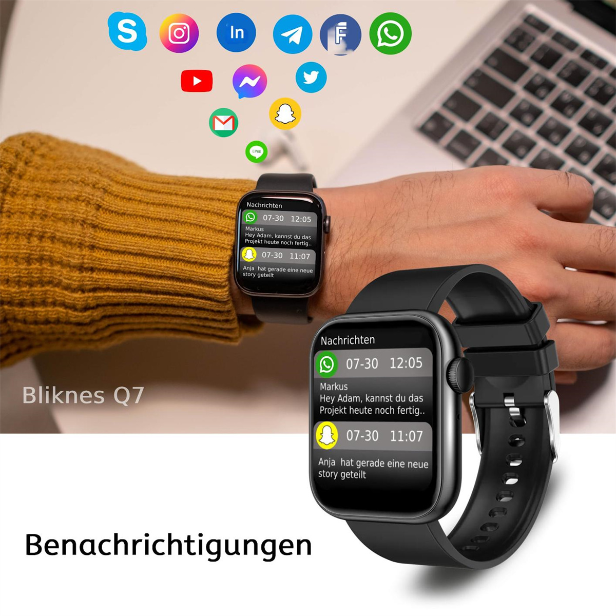 Zwei Smartwatches am Handgelenk. Sie zeigen Benachrichtigungen von verschiedenen Social-Media-Apps an.