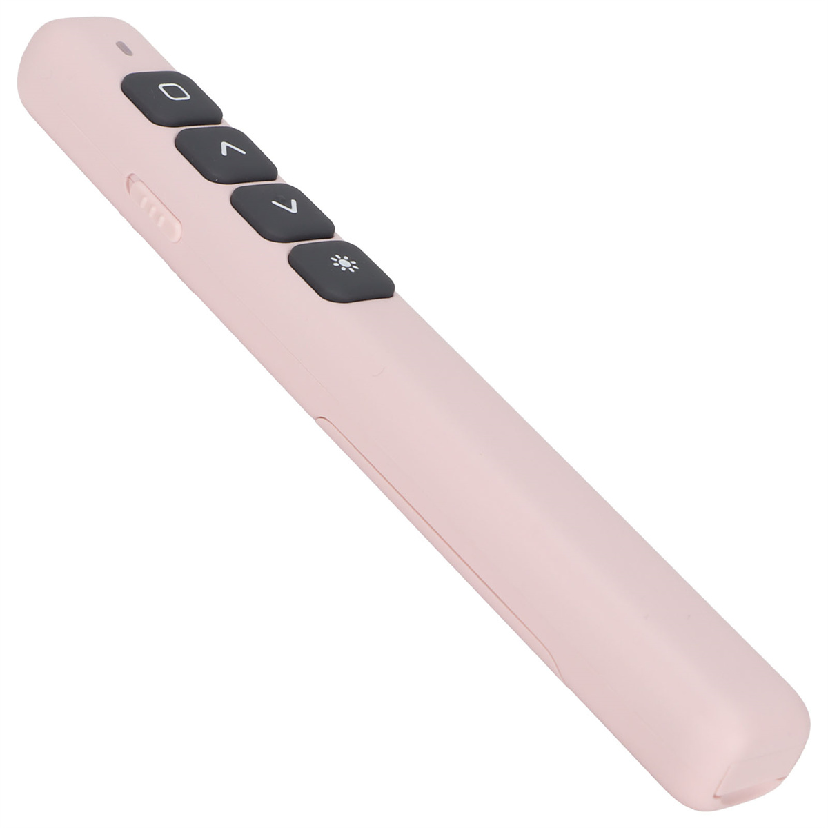 Rosa Präsentationsfernbedienung mit Knöpfen. Ein hellrosa, längliches Gerät mit vier Knöpfen.