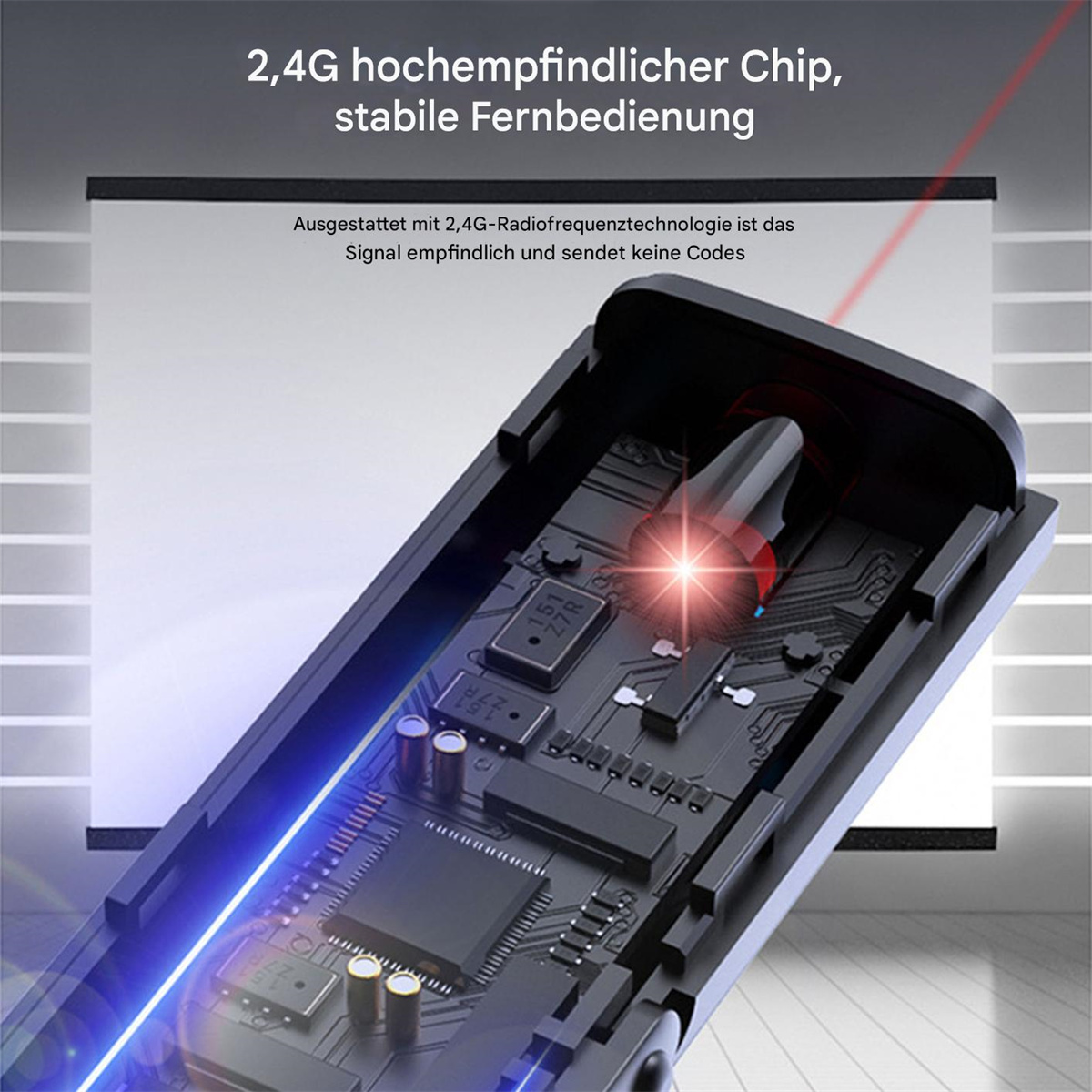Interne Komponenten eines Geräts mit rotem Laserstrahl und blauer Lichtspur.