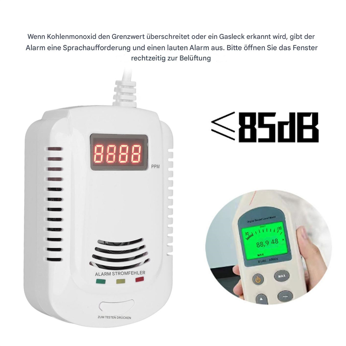 Ein weißer Kohlenmonoxid-Detektor mit Display und ein Handgerät, das Messwerte anzeigt.